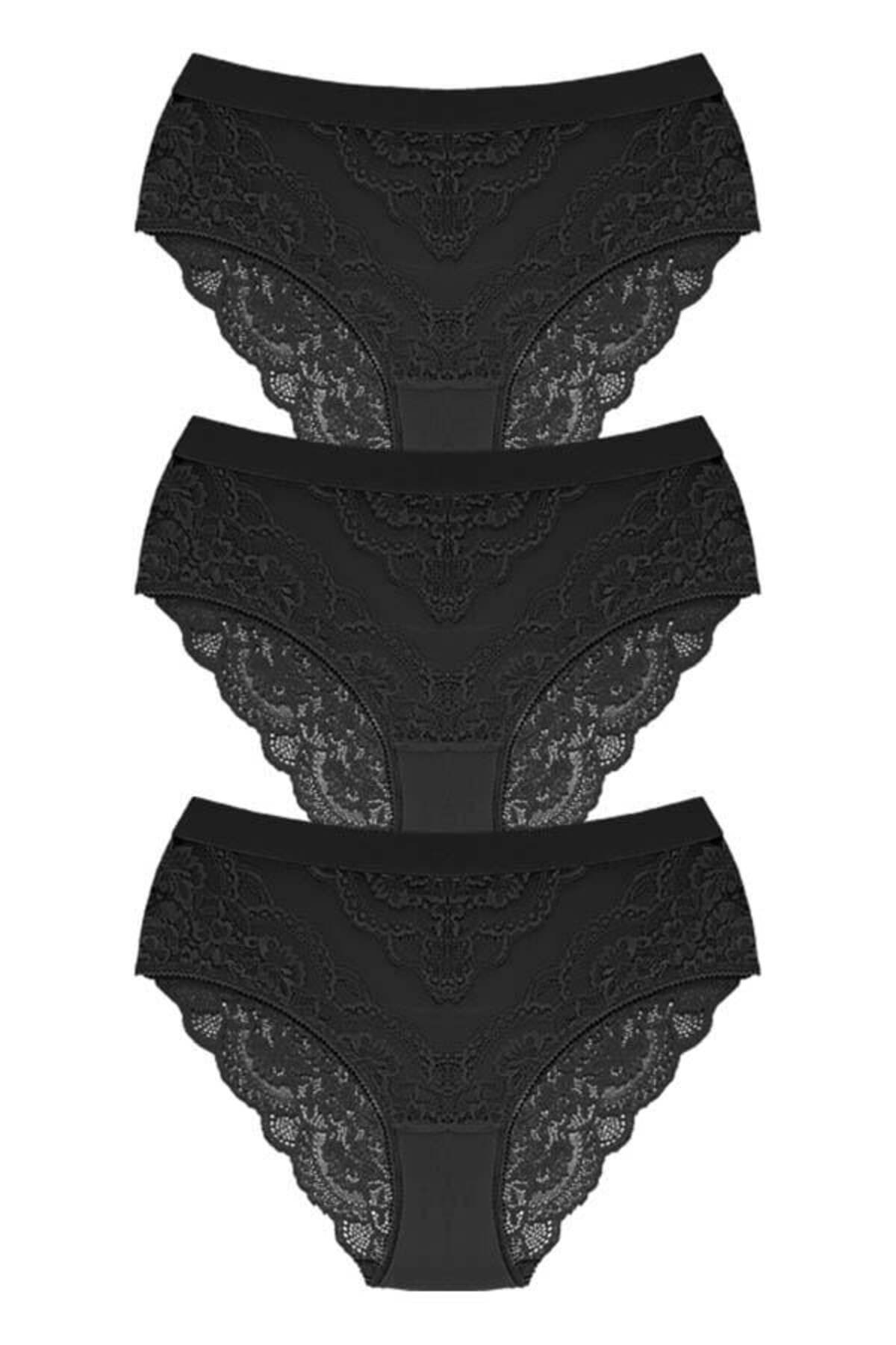 Dantelli Arkası Transparan Büyük Beden Bikini Külot 3'lü Paket-3