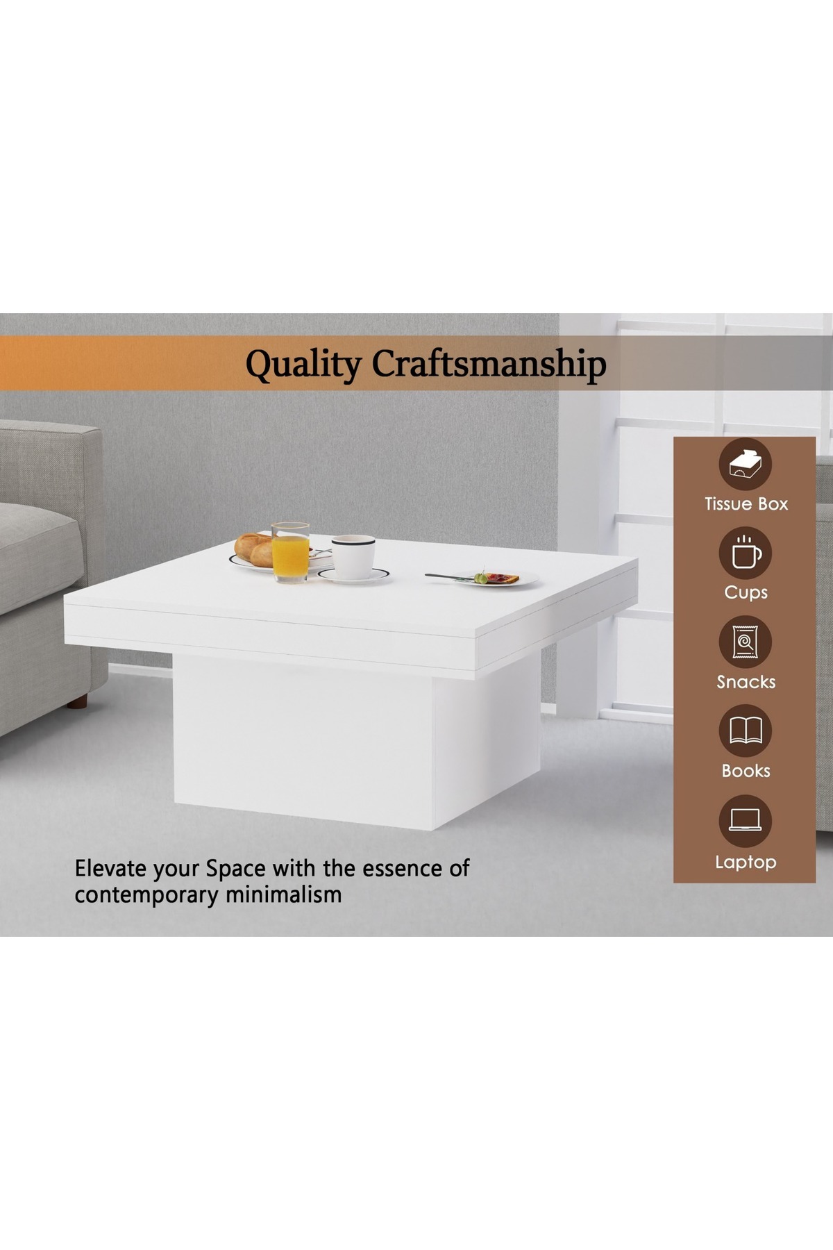 Mahmayi-Modern White Square Coffee Table – Durable, Space-Saving, Easy to Maintain 3