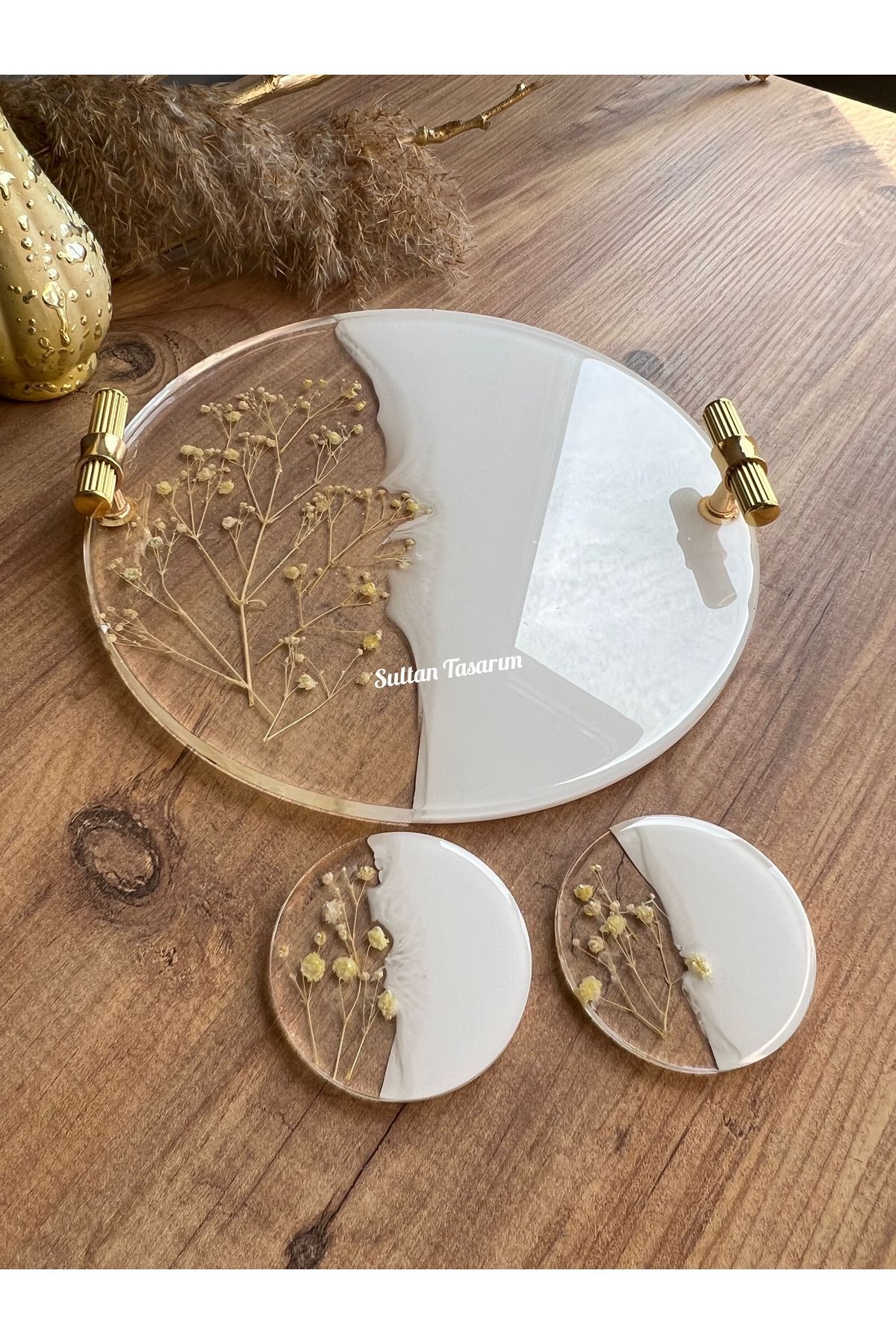 Sultan Tasarım Yuvarlak Yüzük Yükselticili Iki Kişilik Söz Nişan Damat Epoksi Sunum Tepsisi - 24 Cm Çap