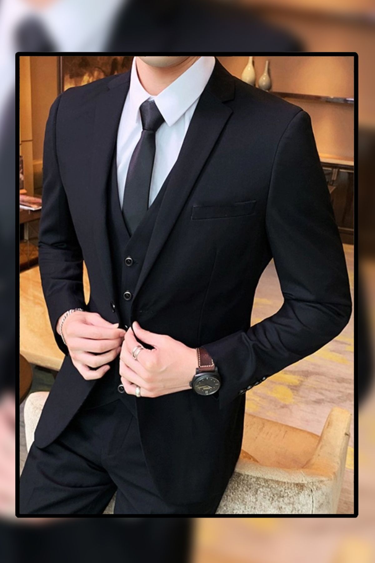 VALCES  Erkek Düz Dar Kesim Yelekli Takım Elbise (YAKA SÜSÜ - KRAVAT HEDİYE)