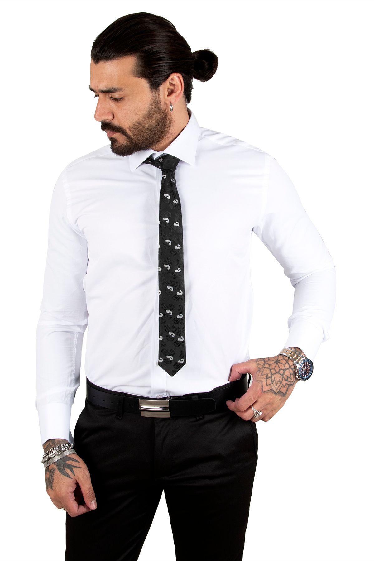 DeepSEA-Men's White Stand Collar Slim Fit Cut Cotton Satin Shirt2209615 2
