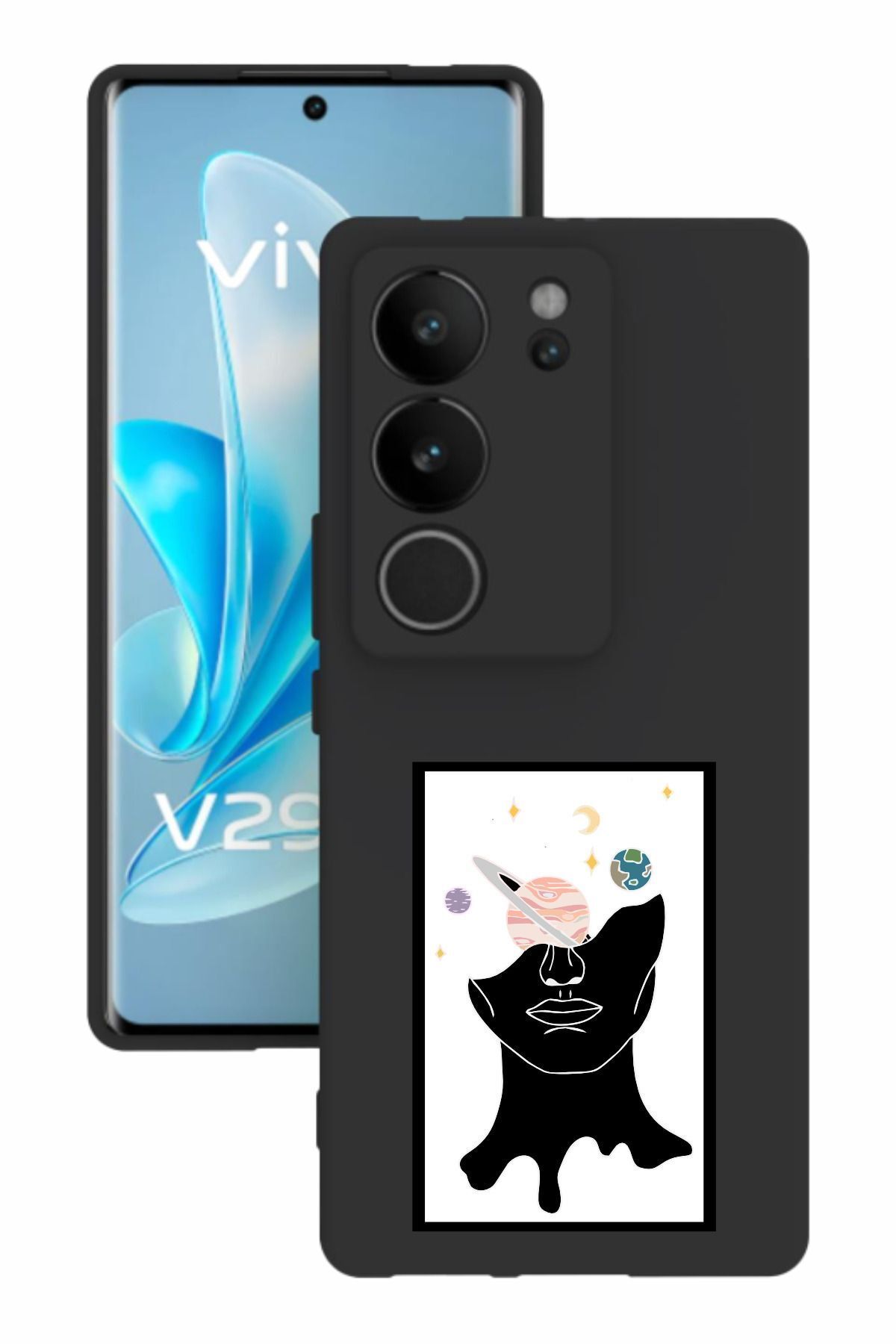 vivo V29 Uyumlu Baskılı Ve Kamera Korumalı Siyah Renk Silikon Kılıf
