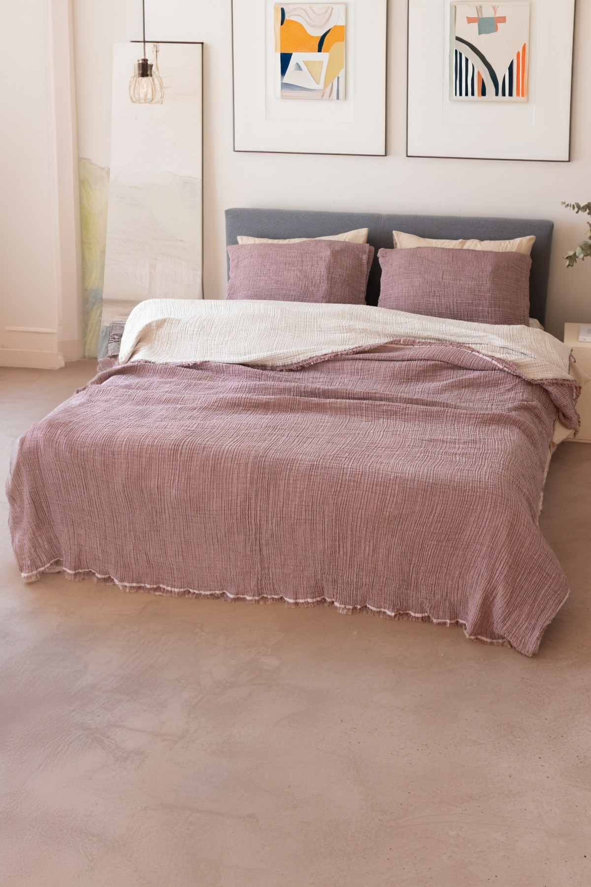Double Quilting Bedspread 4 Layers Muslin Cotton Double Sided Damson 220x240 Cm