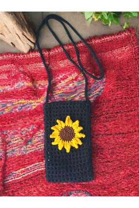 Talai Knitting Ayçiçeği Desenli Siyah Omuz Çantası Çapraz Çanta