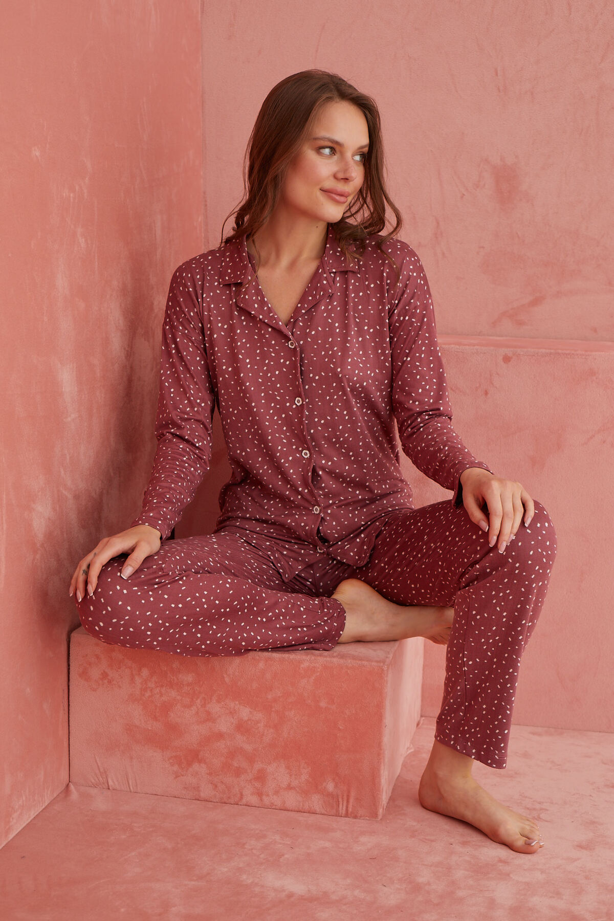 Gül Kurusu Nokta Desenli Bambu Önden Düğmeli Uzun Kol Pijama Takımı