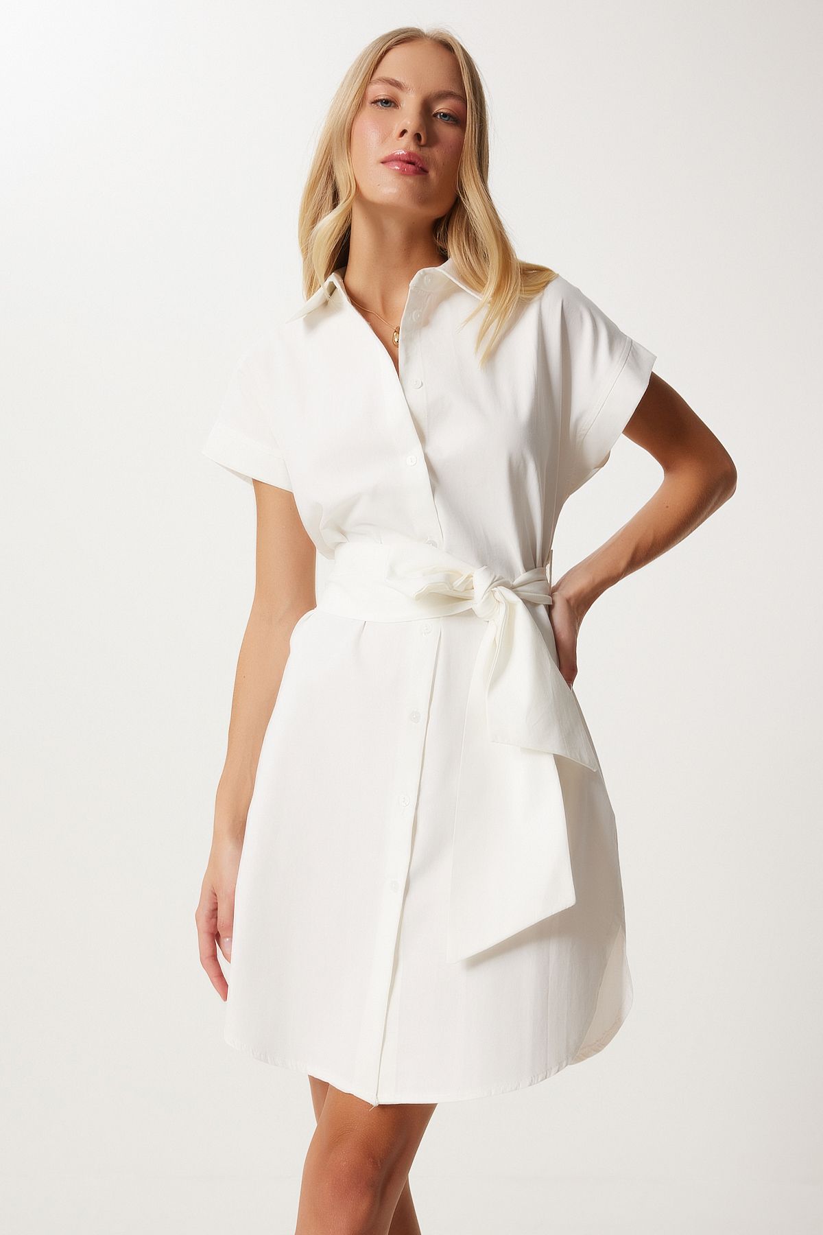 robe chemise en popeline écrue avec ceinture pour femme fn03299