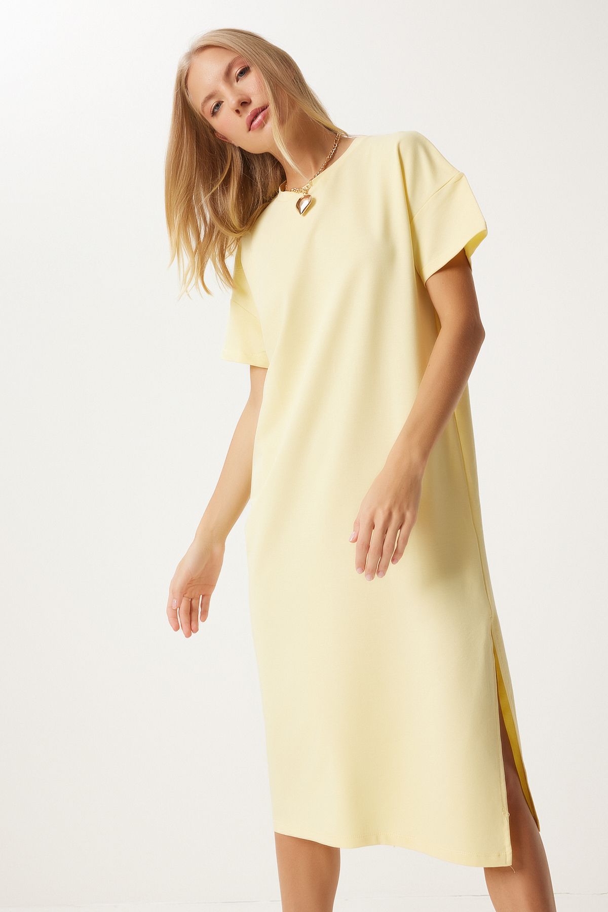 Happiness İstanbul-Gelbes Damenkleid aus gekämmter Baumwolle für den Sommer, UB00080 4