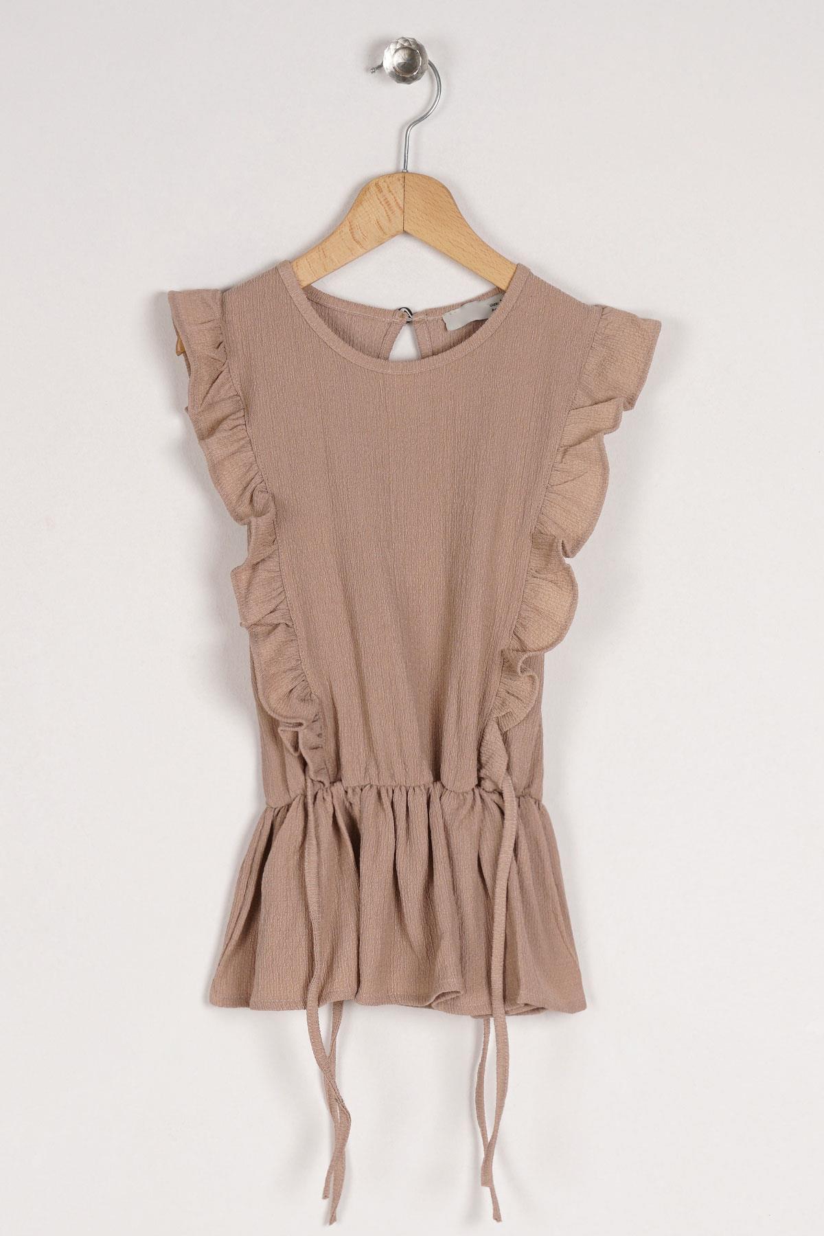 Crew Neck Ruffle Sleeve Frilly Waist Elastic Detailed Beige Color Girls Blouse