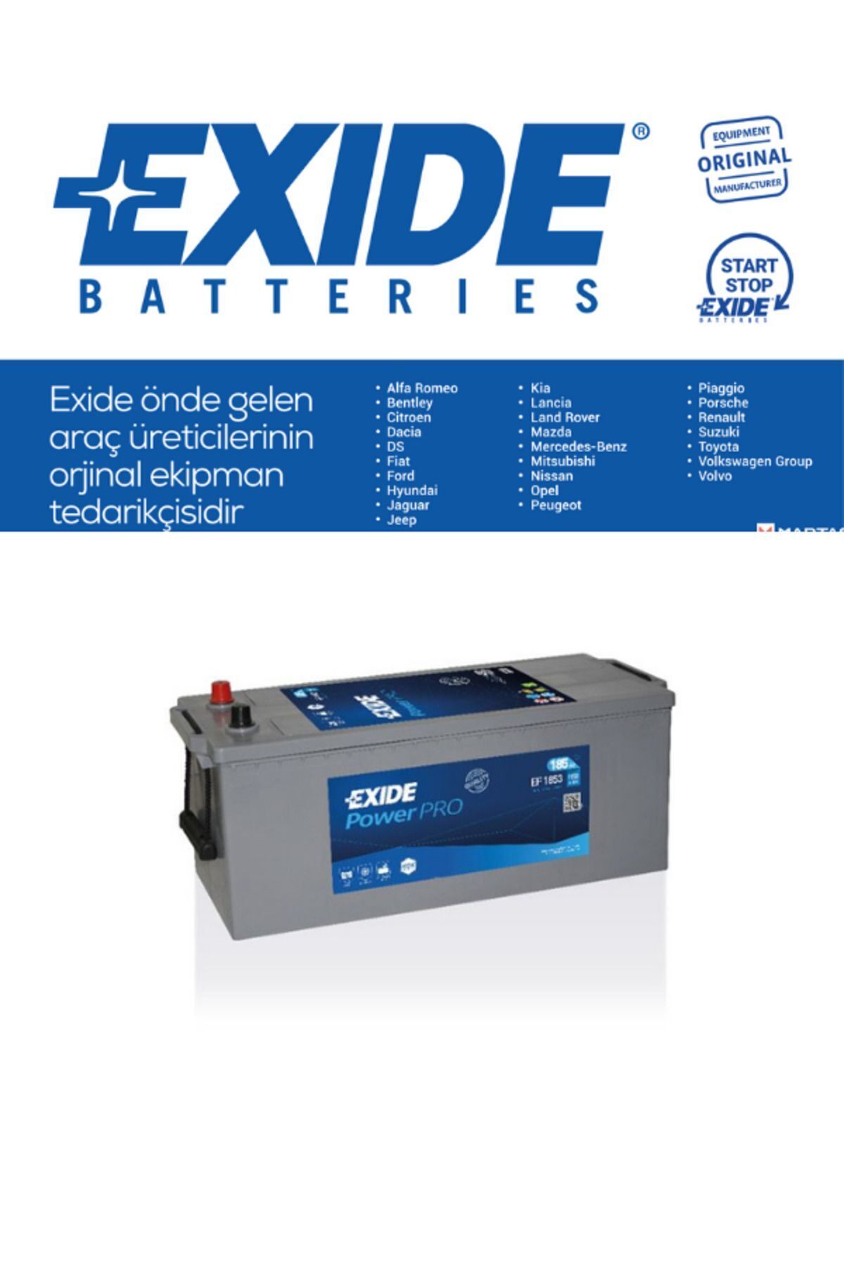 Exide 185 AH AMPER AKÜ POWER PRO 1150CCA D5 B DÜZ YAN B0 TIRNAKSIZ