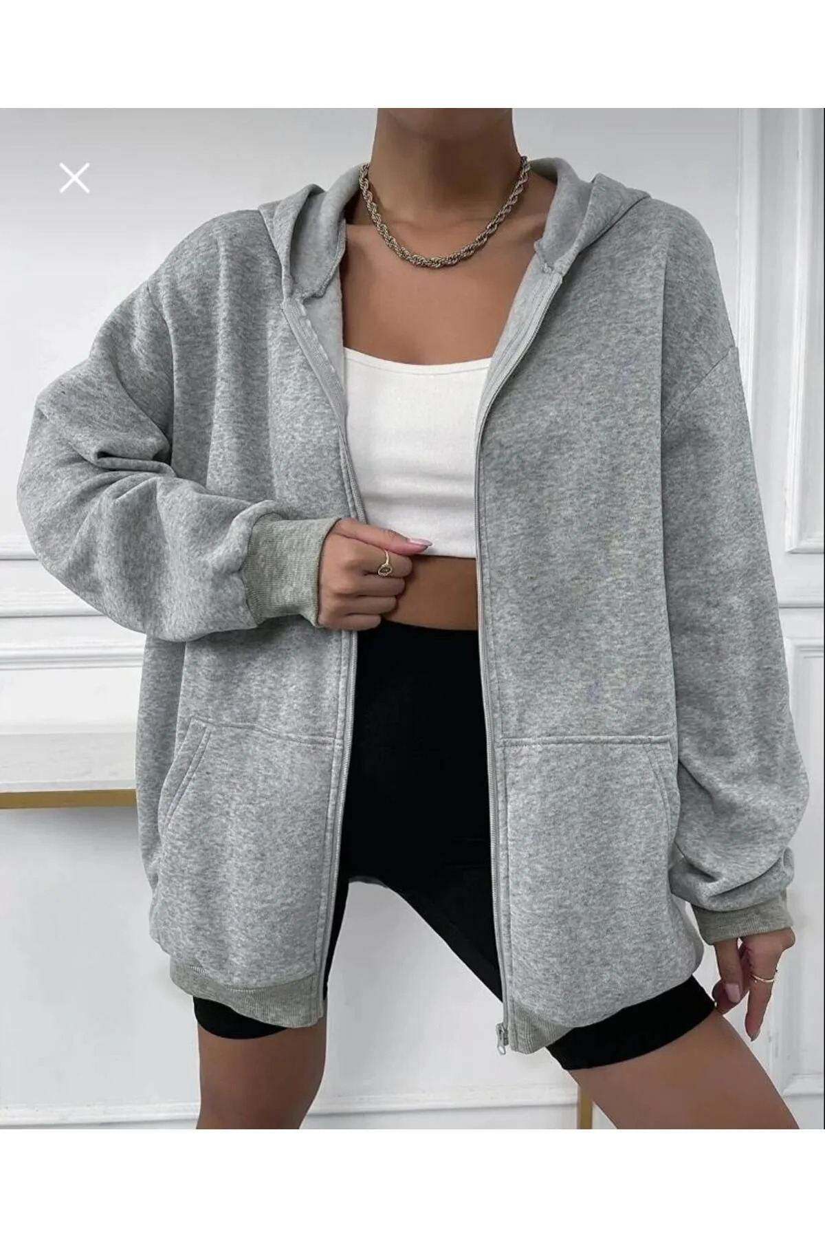 Unisex Oversize Gri Kapüşonlu Fermuarlı Sweatshirt — خاکستری 35090000011 — تصویر 3 از 4