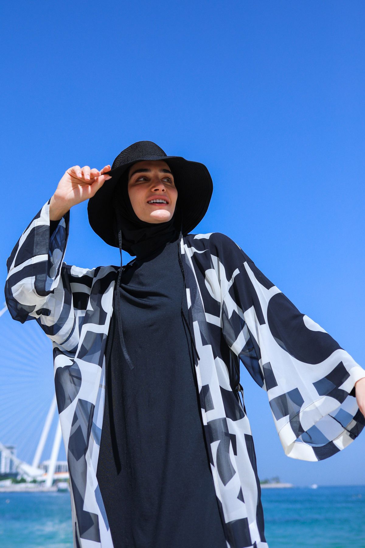 مایوی پوشیده مشکی زنانه هندسی سیاه کیمونو کفتان اورجینال Marina