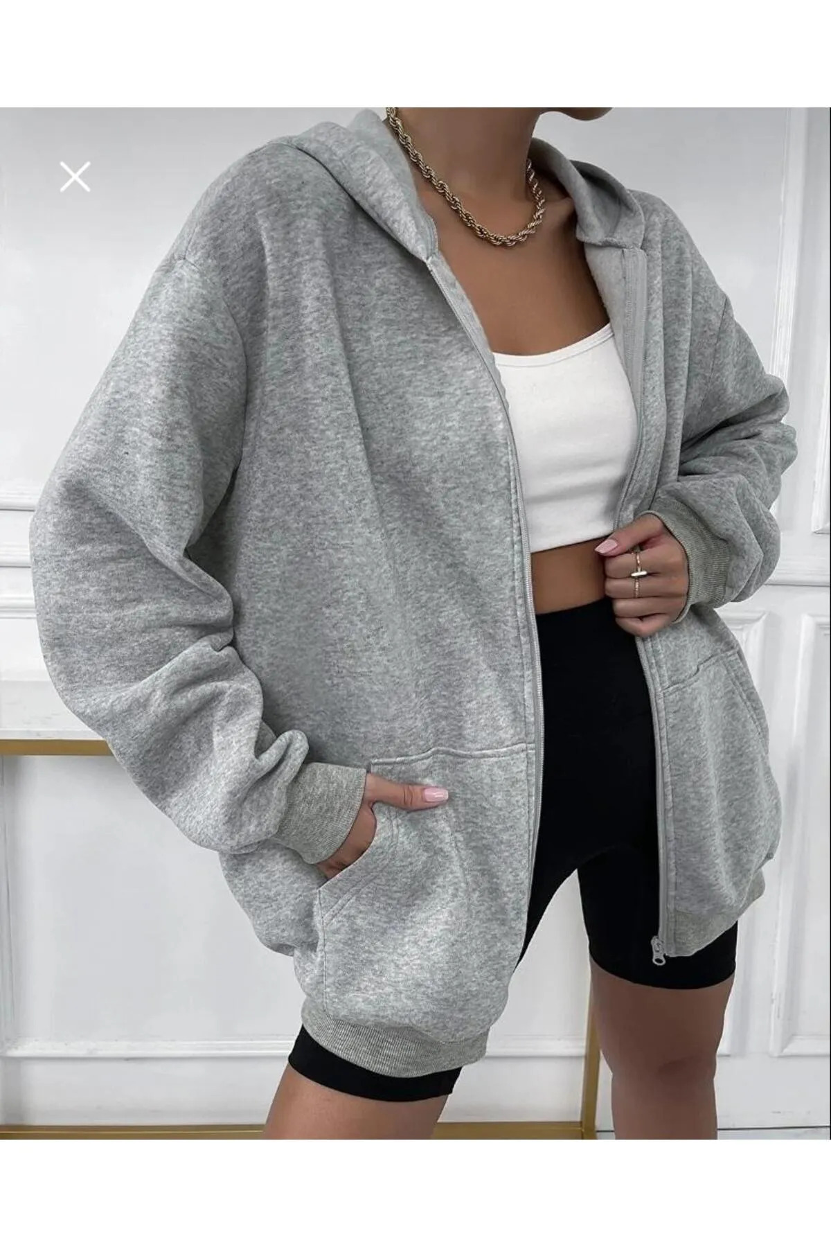 Unisex Oversize Gri Kapüşonlu Fermuarlı Sweatshirt — خاکستری 35090000011 — تصویر 2 از 4