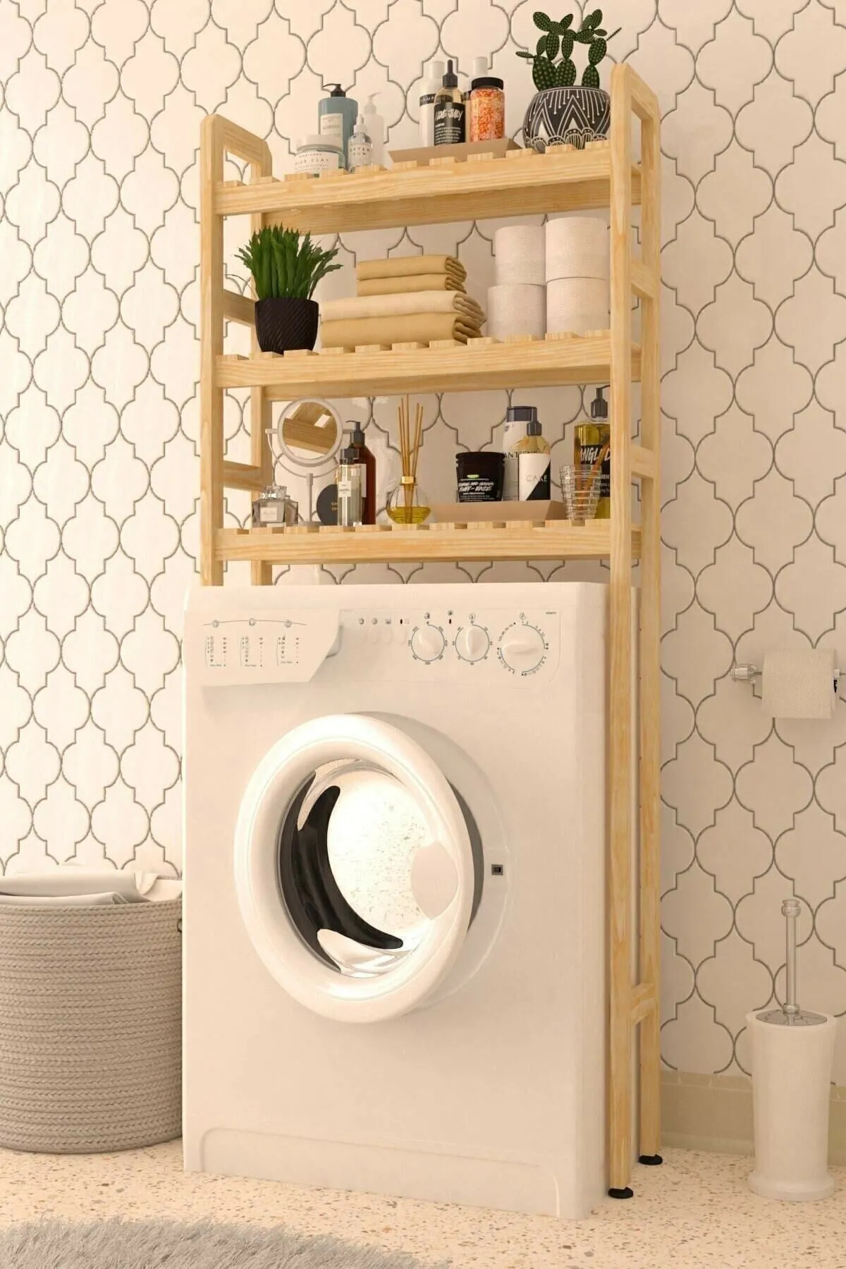 RENAZZO Çamaşır Makinesi Üstü Ahşap Düzenleyici Raf Banyo Rafı Makina Üstü Çok Amaçlı Dolap 3 Katlı