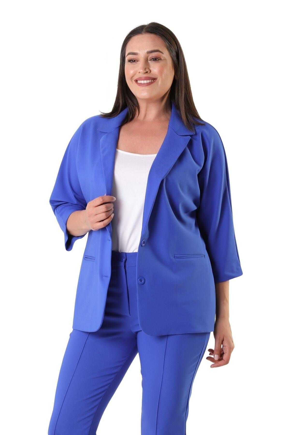 Hanezza Kadın Büyük Beden Yarasa Kol Çift Düğmeli Blazer Ceket Şık Ve