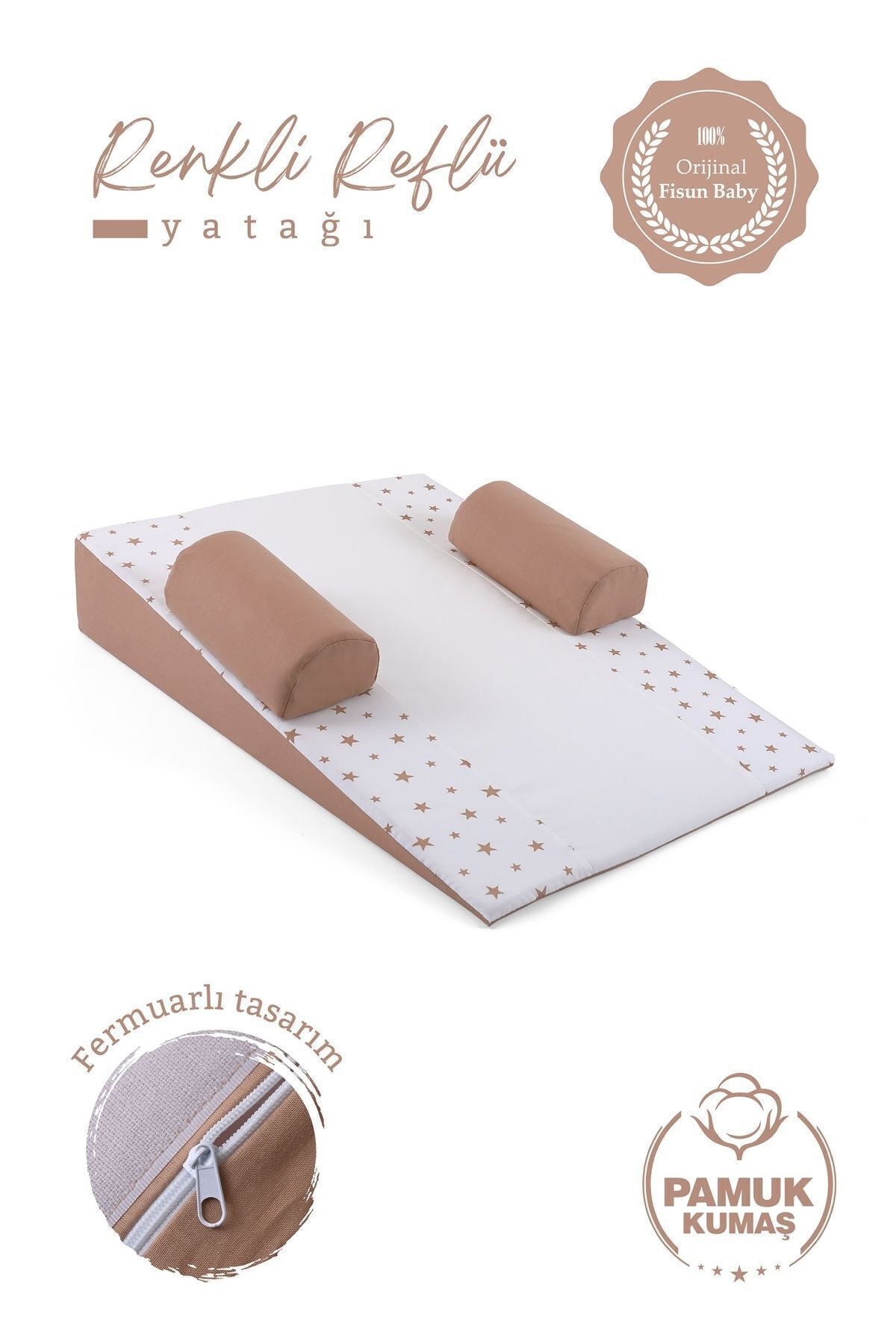 Fisun Baby Bebek Reflü Yatağı (KAHVERENGİ-YILDIZ) Yıkanabilir Kılıflı, Ortopedik, Ana Kucağı