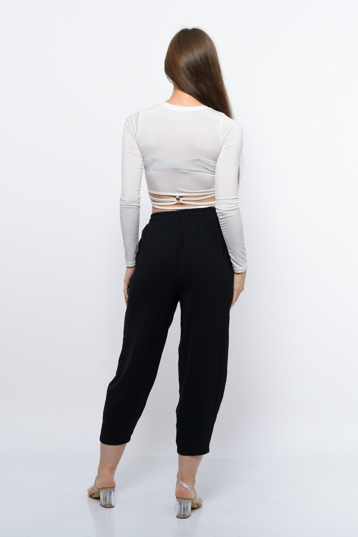 Sh Mağazacılık-Pantaloni subțiri de vară pentru femei, cu talie înaltă, casual, din bumbac, cu talie elastică, până la gleznă 4