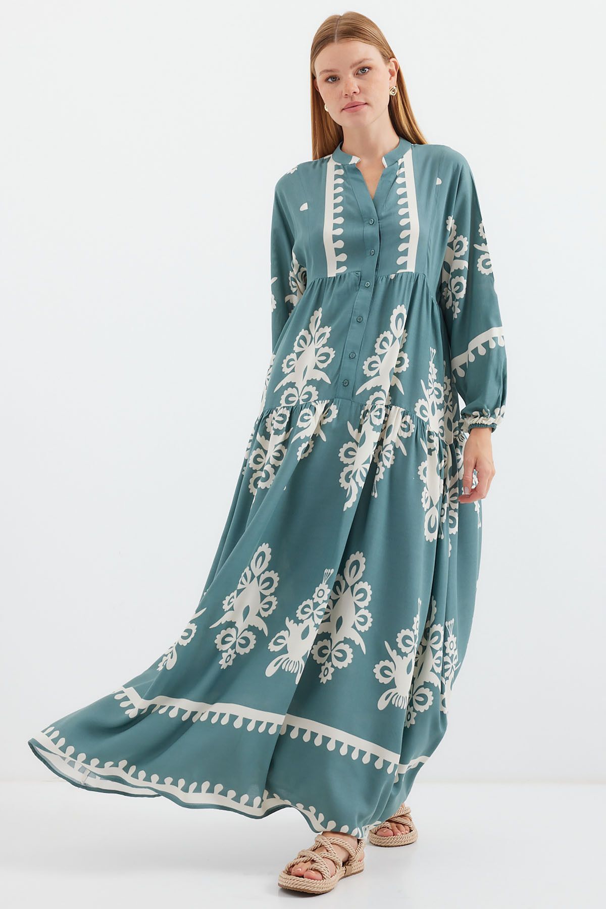 Bigdart-2423 Model Authentic Patterned Mint Color Dress 3
