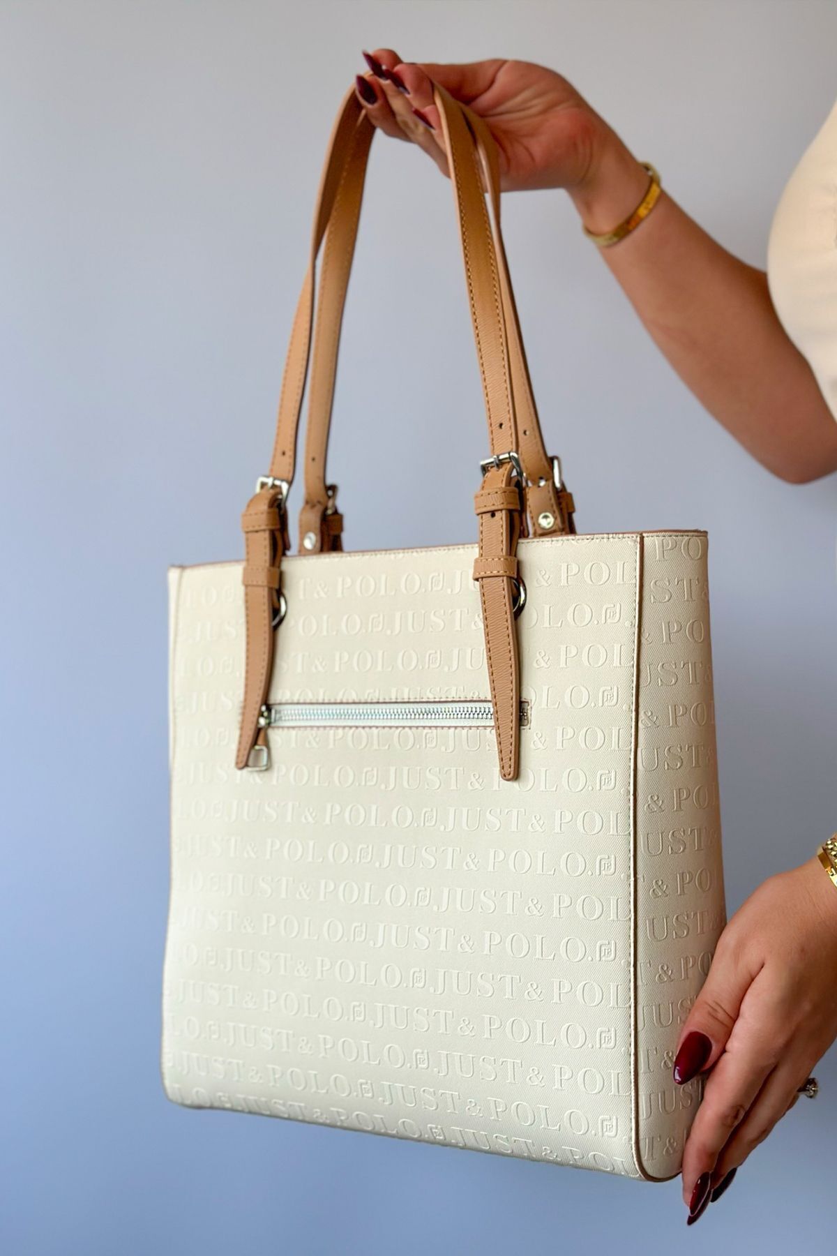 Just Polo Büyük Boy Tote Bag Kadın Omuz Çantası - Krem/Taba