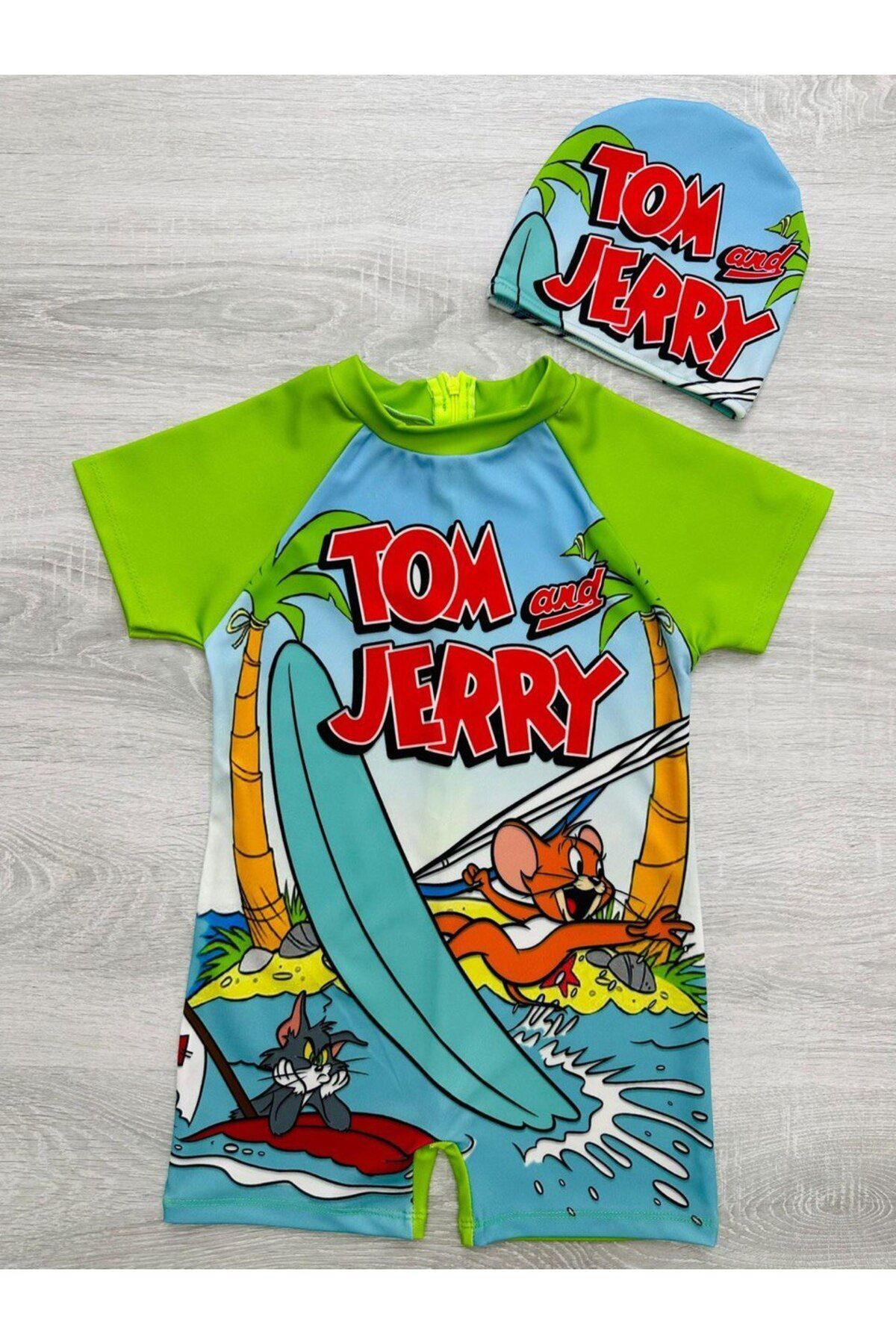 Erkek Bebek Ve Çocuk Tom Jerry Desenli Kısa Kollu Hızlı Kuruyan Şık Mayo ve Bone Takımı