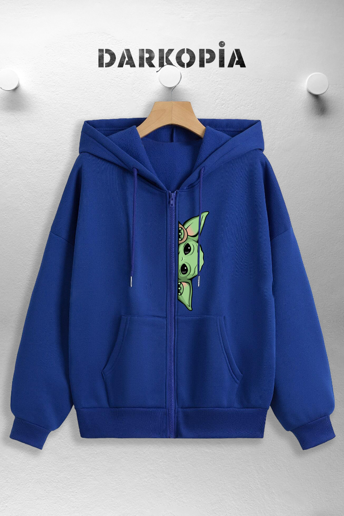 Unisex Kadın Erkek Baby Yoda Baskılı Kapüşonlu Basic Fermuarlı Sweatshirt Hırka — آبی darkopiahrkabayo