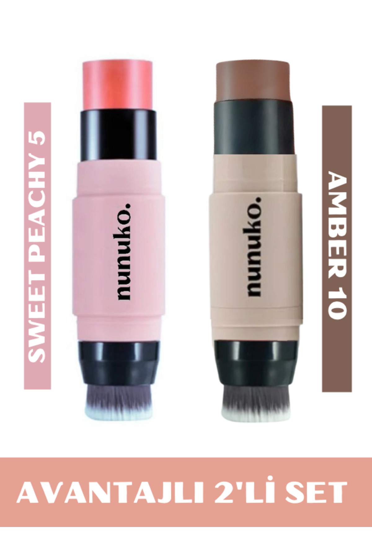 NUNUKO 2'li Avantajlı Set(SWEET PEACHY ÇİFT TARAFLI FIRÇALI ALLIK-AMBER ÇİFT TARAFLI FIRÇALI KONTÜR STICK)