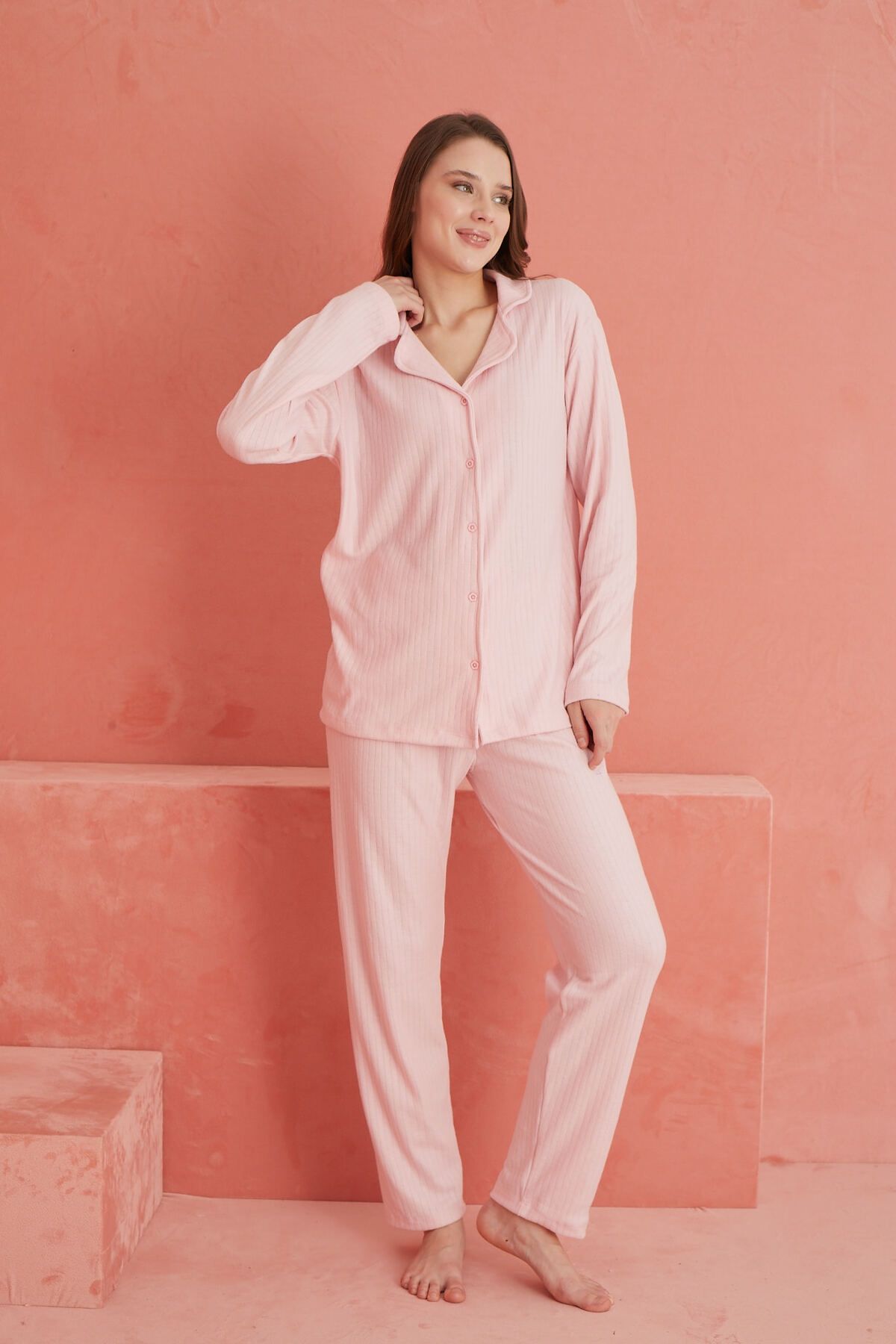 ELİTOL-Pink Long Sleeve Interlock Knitted Pajama Set - Front Buttoned 2