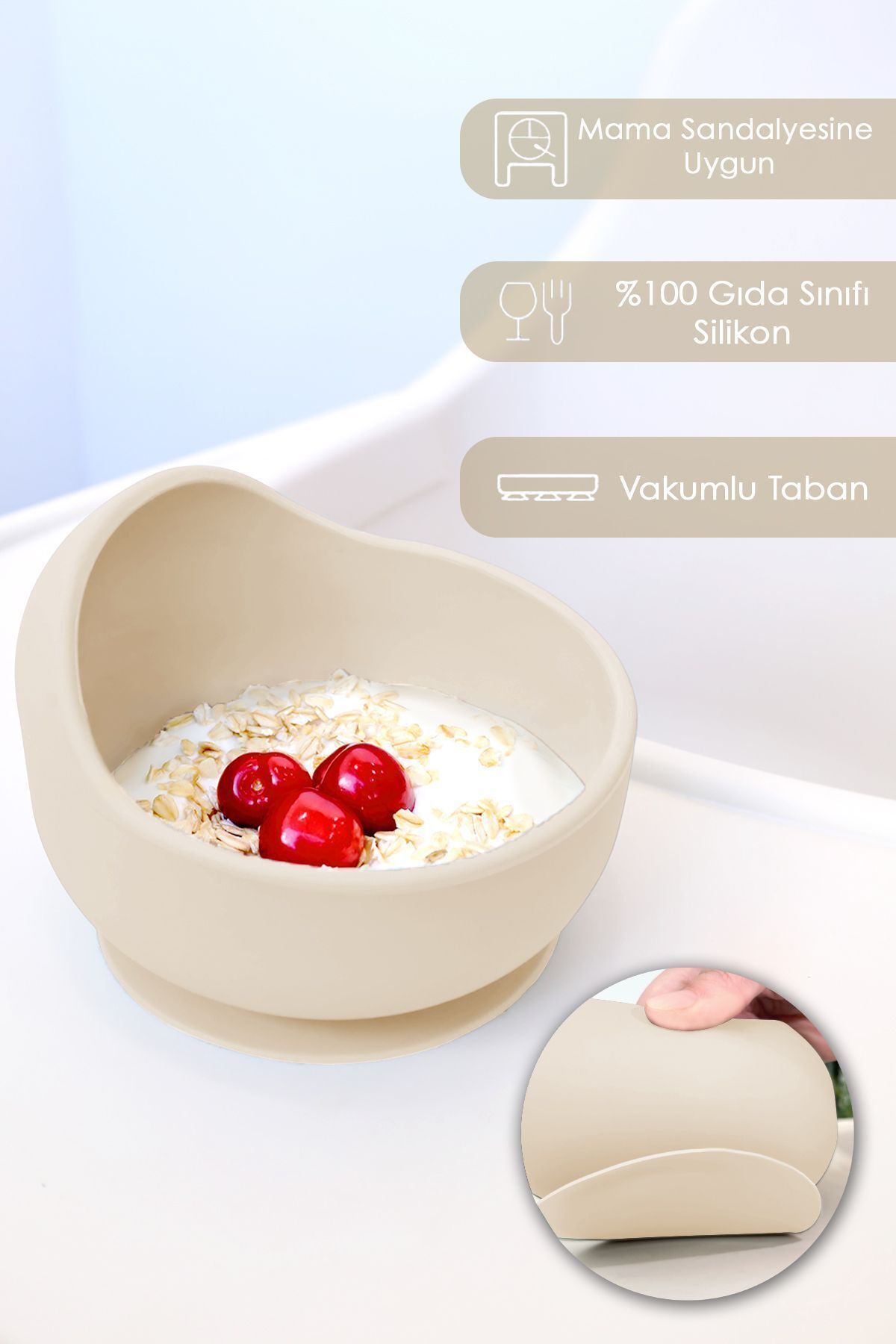 Meleni Baby Vakum Tabanlı Bebek Mama Kasesi - Vakumlu Oval Silikon Kase - Bej fotoğrafı 2 (önizleme)