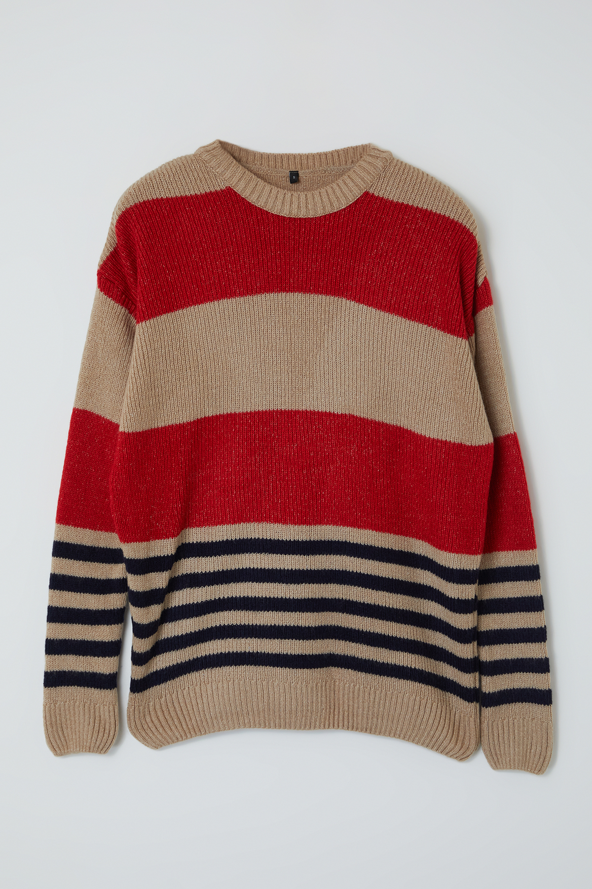 Trendyolmilla Man Kırmızı Oversize Bisiklet Yaka Çizgili Triko Kazak TMNAW25KZ00043