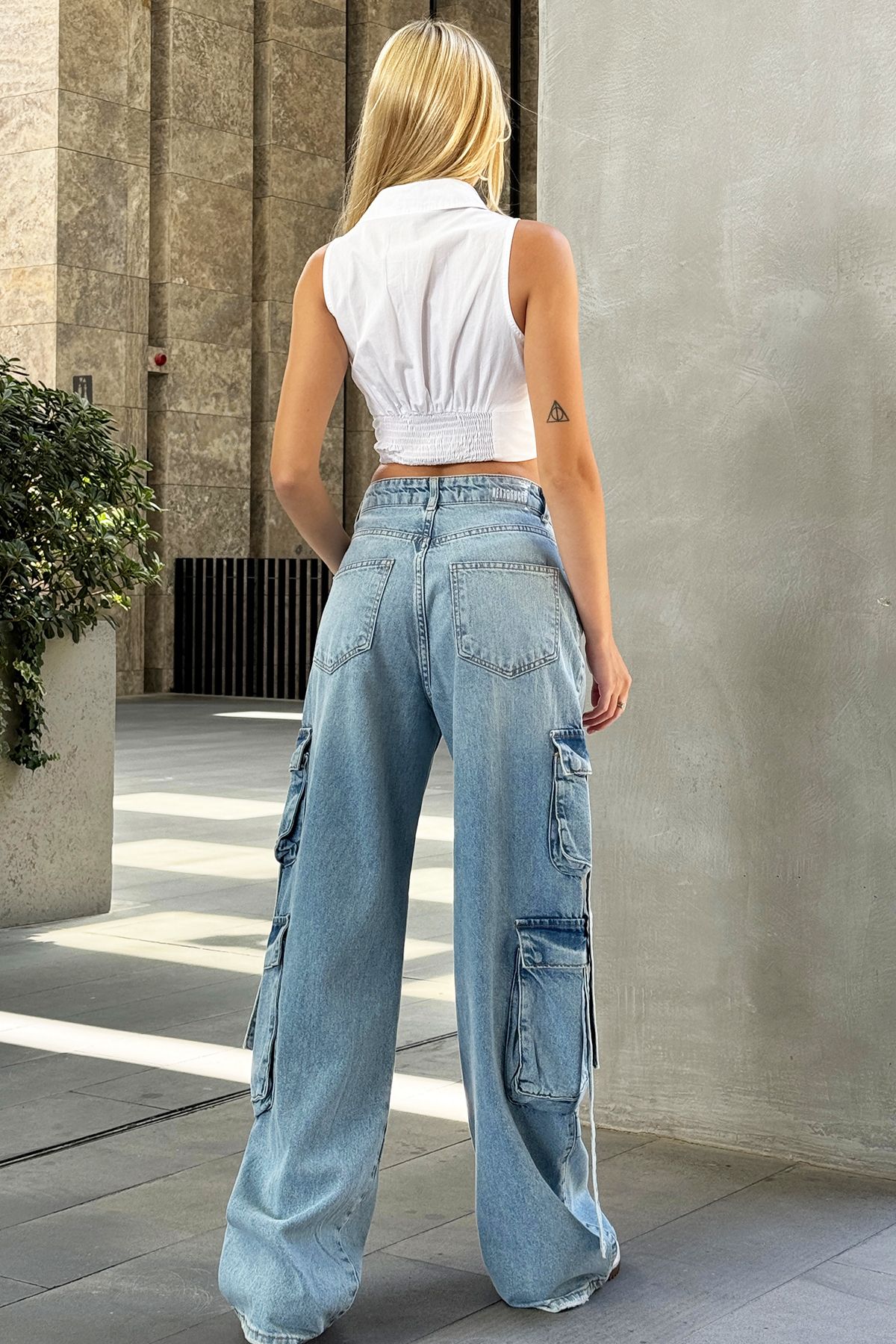 Trend Alaçatı Stili-Blaue High Waist Damen Jeans - Cargotasche, weites Bein, maßgeschneidert ALC-X12543 6