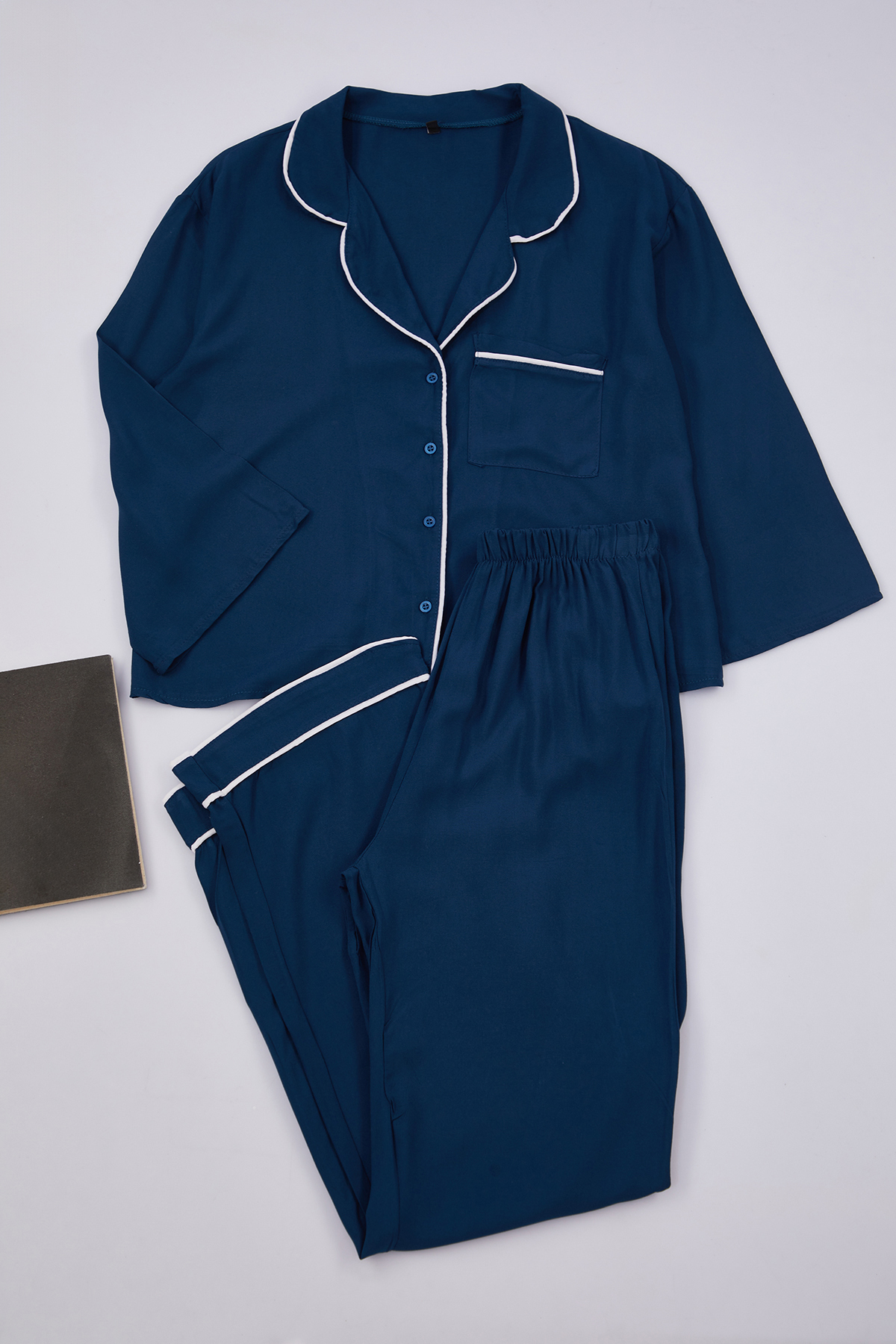 Trendyol Collection Viscose Woven Navy Blue Pajama Set - with Piping Thmaw21pt0292