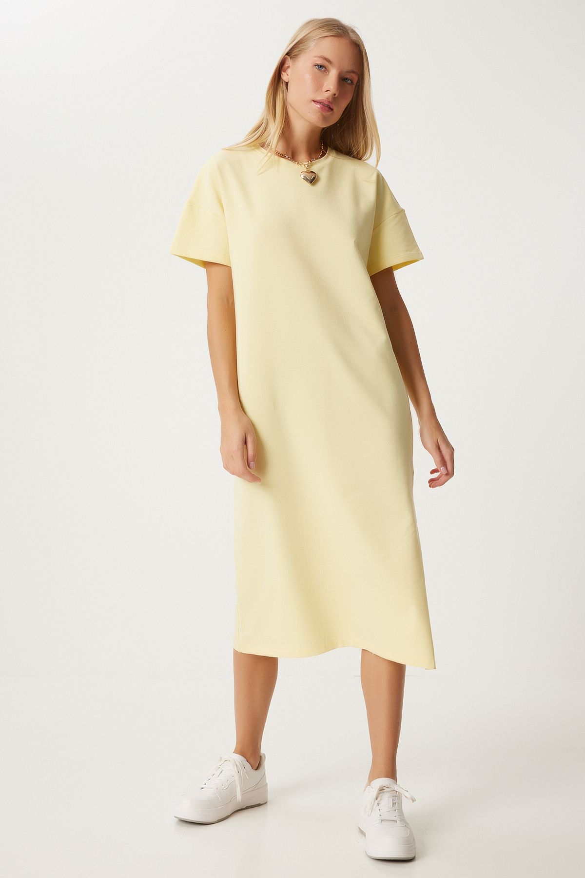 Happiness İstanbul-Gelbes Damenkleid aus gekämmter Baumwolle für den Sommer, UB00080 2