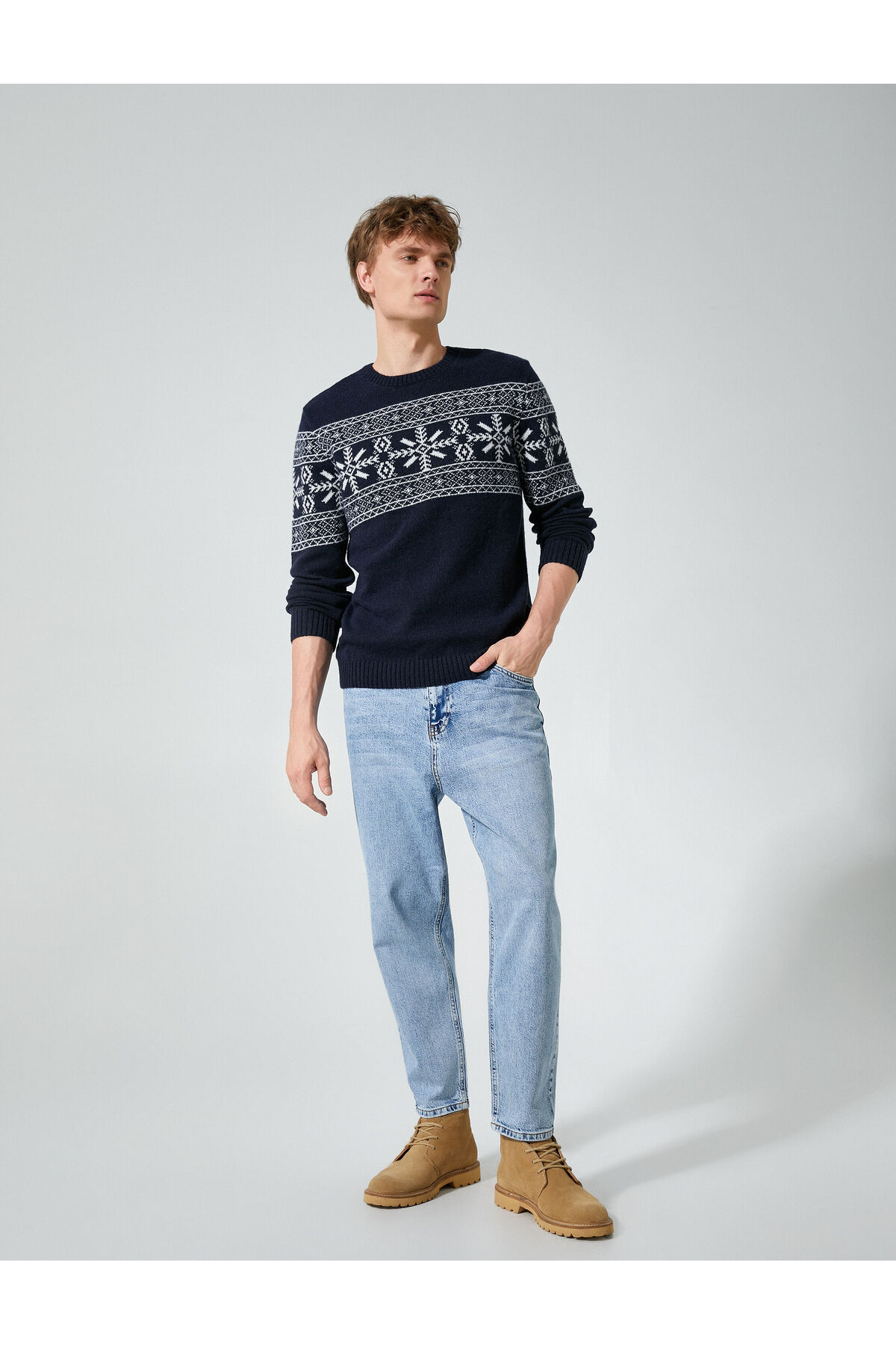 Crew Neck Sweater Ethnic Patterned Wool Blend