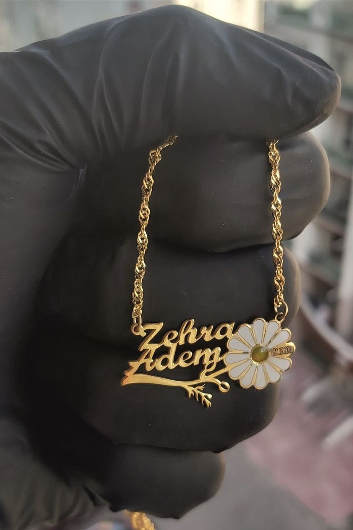 925 Ayar Gümüş 24 Ayar Altın Kaplama 2 İsimli Papatya Kolye - 40 cm