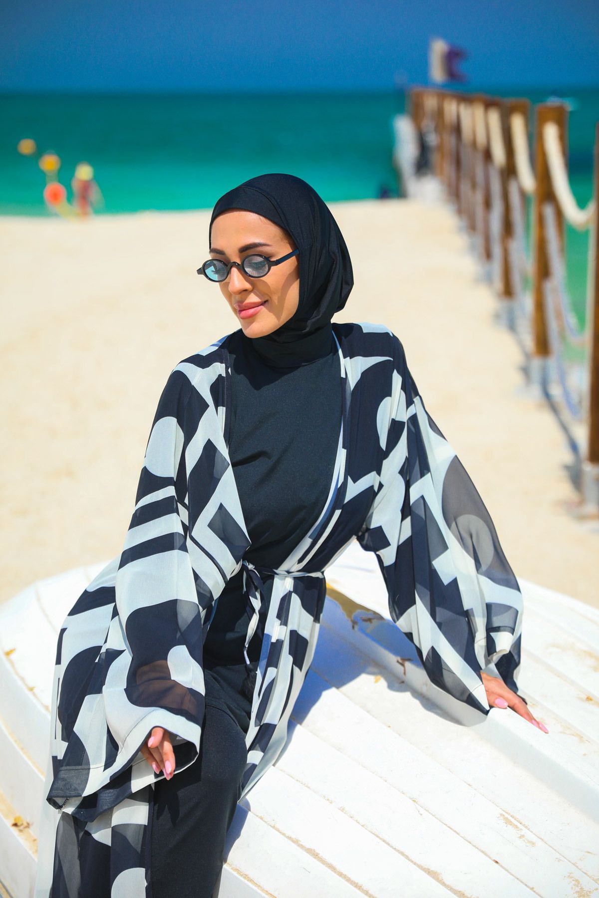 مایوی پوشیده مشکی زنانه هندسی سیاه کیمونو کفتان اورجینال Marina