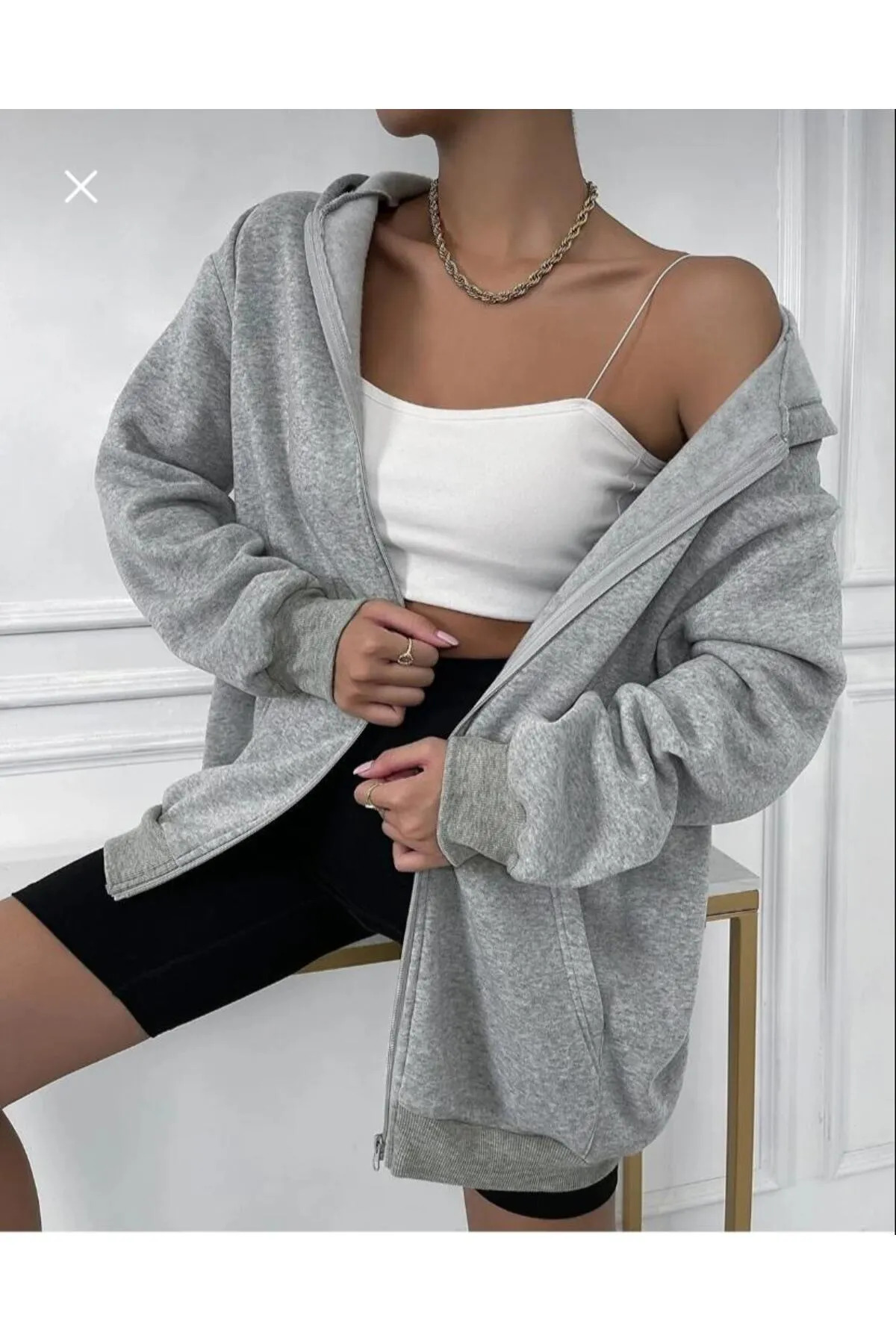 Unisex Oversize Gri Kapüşonlu Fermuarlı Sweatshirt — خاکستری 35090000011 — تصویر 4 از 4