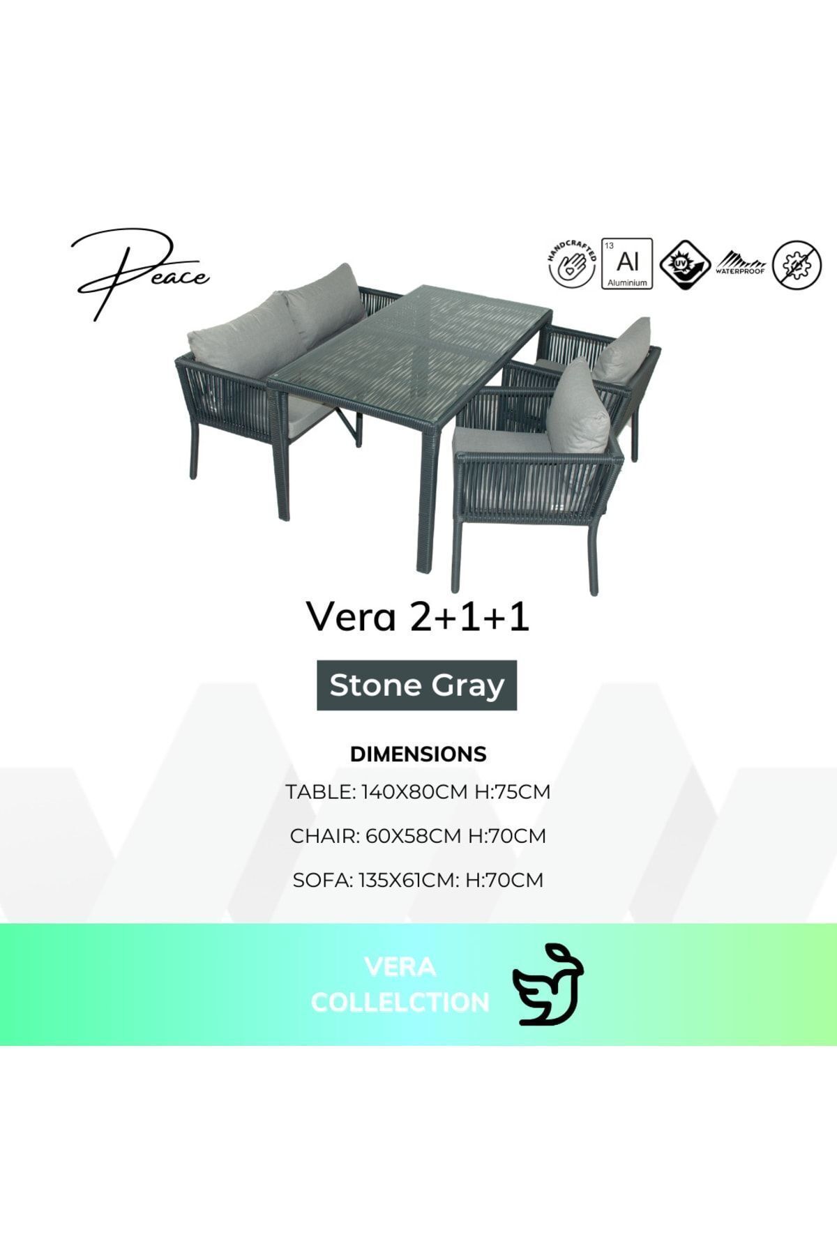 Vera 2+1+1 Rattan Bahçe Balkon Yemek Takımı Taş Gri