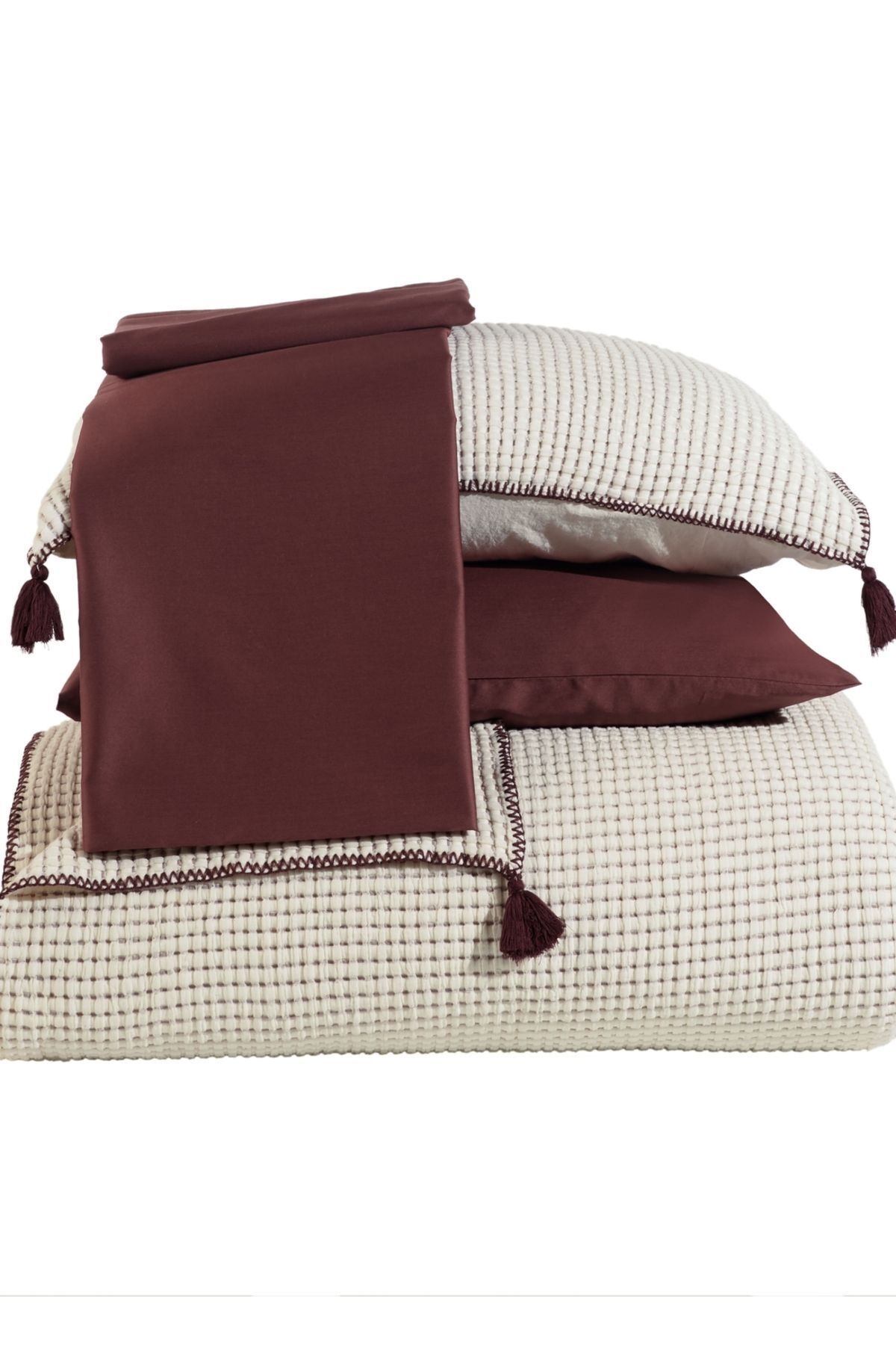 Dantela-Set de pat cu smocuri Burgundy Drina 4