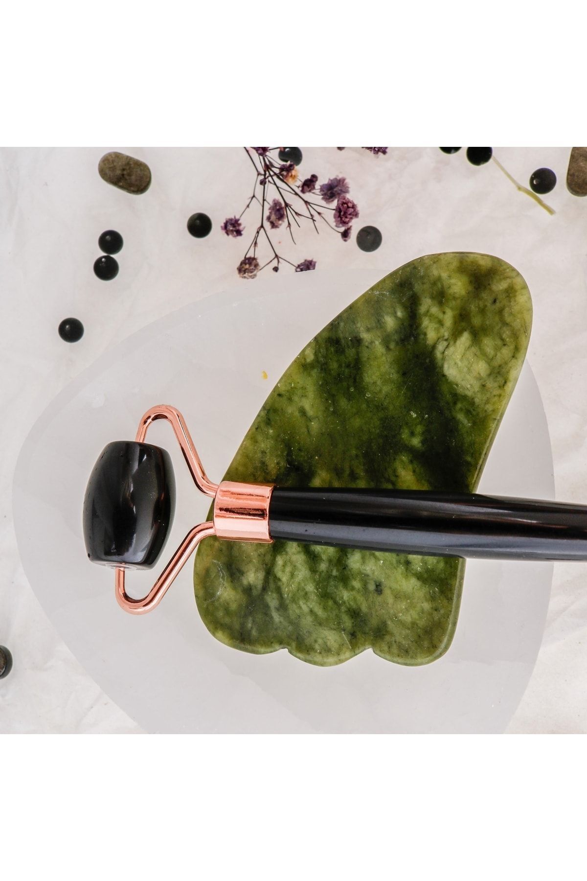 ست غلتکی Obsidian And Jade Crow's Foot Gua Sha OSMANLI DOĞAL TAŞ