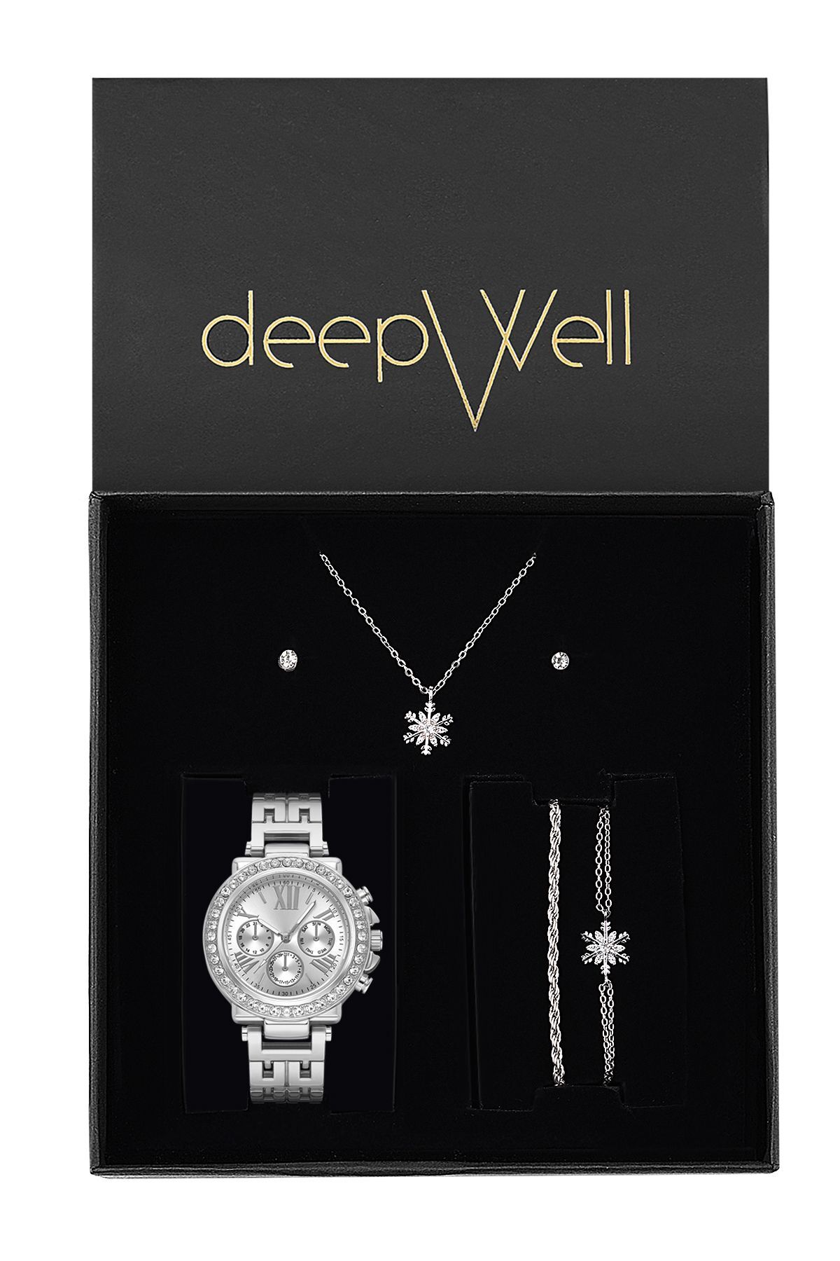 DEEPWELL Gümüş Renk Kadın Kol Saati Kolye Bileklik Küpe Seti HM09