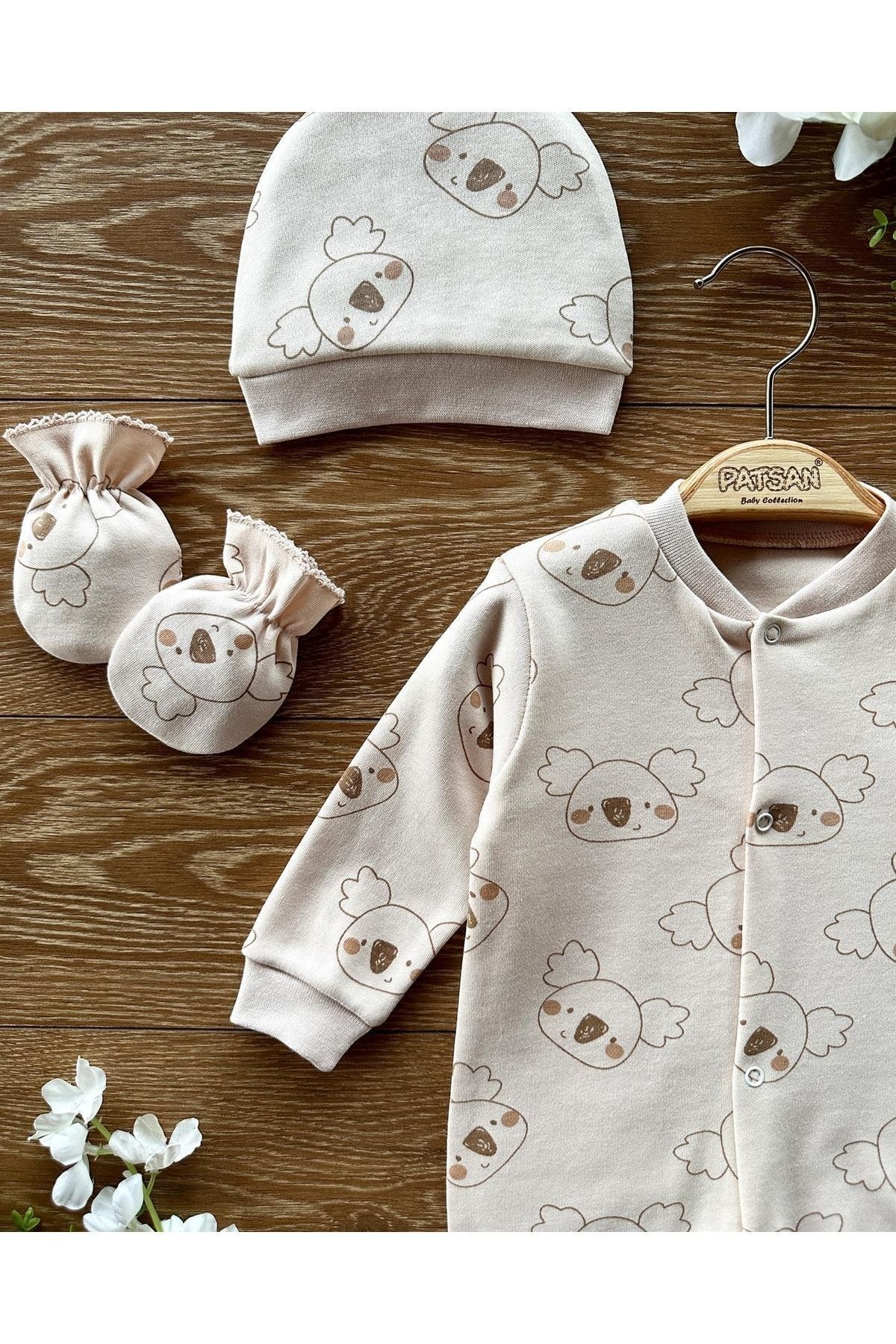 PATSAN Organik 3'lü Yenidoğan Hastane Çıkışı Set Eldivenli Ve Şapkalı Patikli Tulum Takımı Koala Bej fotoğrafı 3 (önizleme)