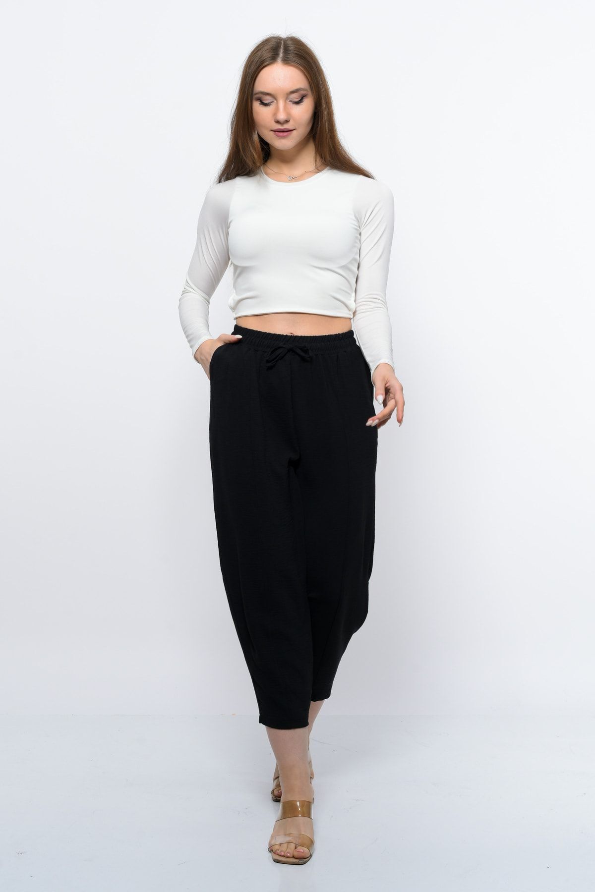 Sh Mağazacılık-Pantaloni subțiri de vară pentru femei, cu talie înaltă, casual, din bumbac, cu talie elastică, până la gleznă 3