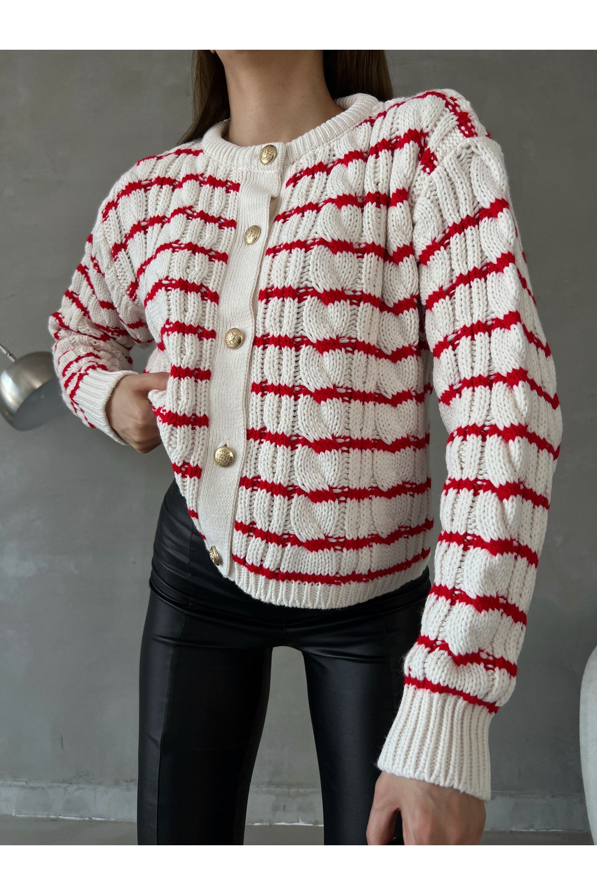 Elilook-Gold Buttoned Striped Women's Cardigan - Reverse Knit 5