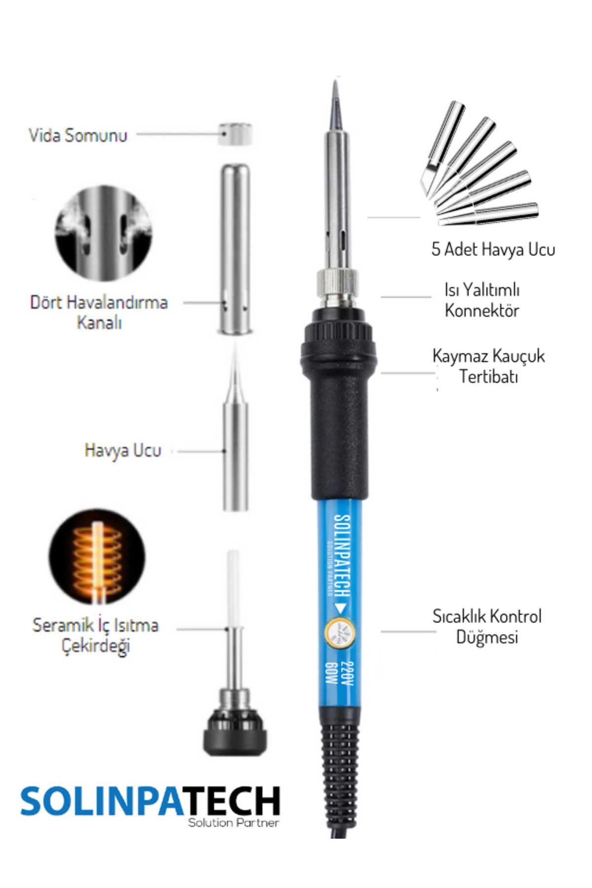 SolinpaTech 60w Isı Ayarlı Seramik Rezistörlü Kalem Havya Lehim Makinesi Ve 5 Adet Havya Ucu Seti
