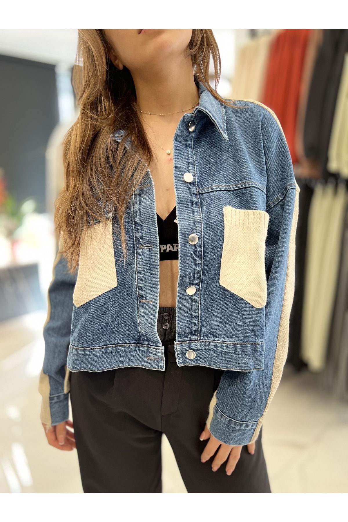 Elf Knitwear Jacket with Denim Detail on the Front Trendyol