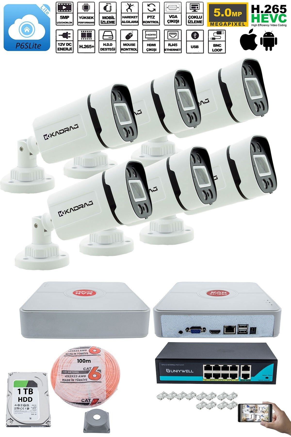 6'lı Güvenlik IP Kamera Seti - 4MP Dış Mekan Kamera, 3.6mm Lens, H.265, PoE, Warm IR Gece Görüşü, 9