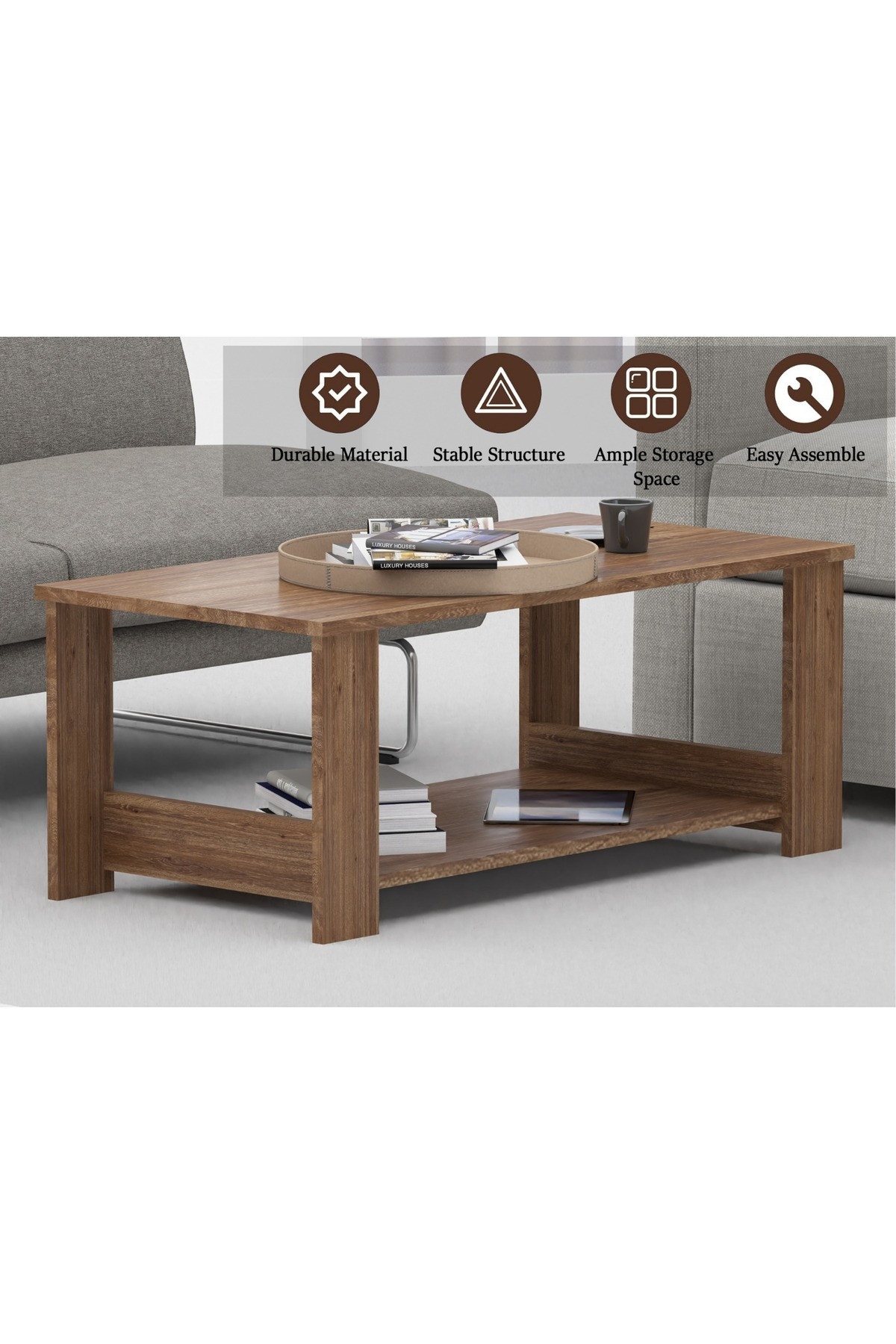 Mahmayi-Modern Coffee Table with 2-Tier Storage, Truffle Davos Oak - Durable & Space-Saving 3