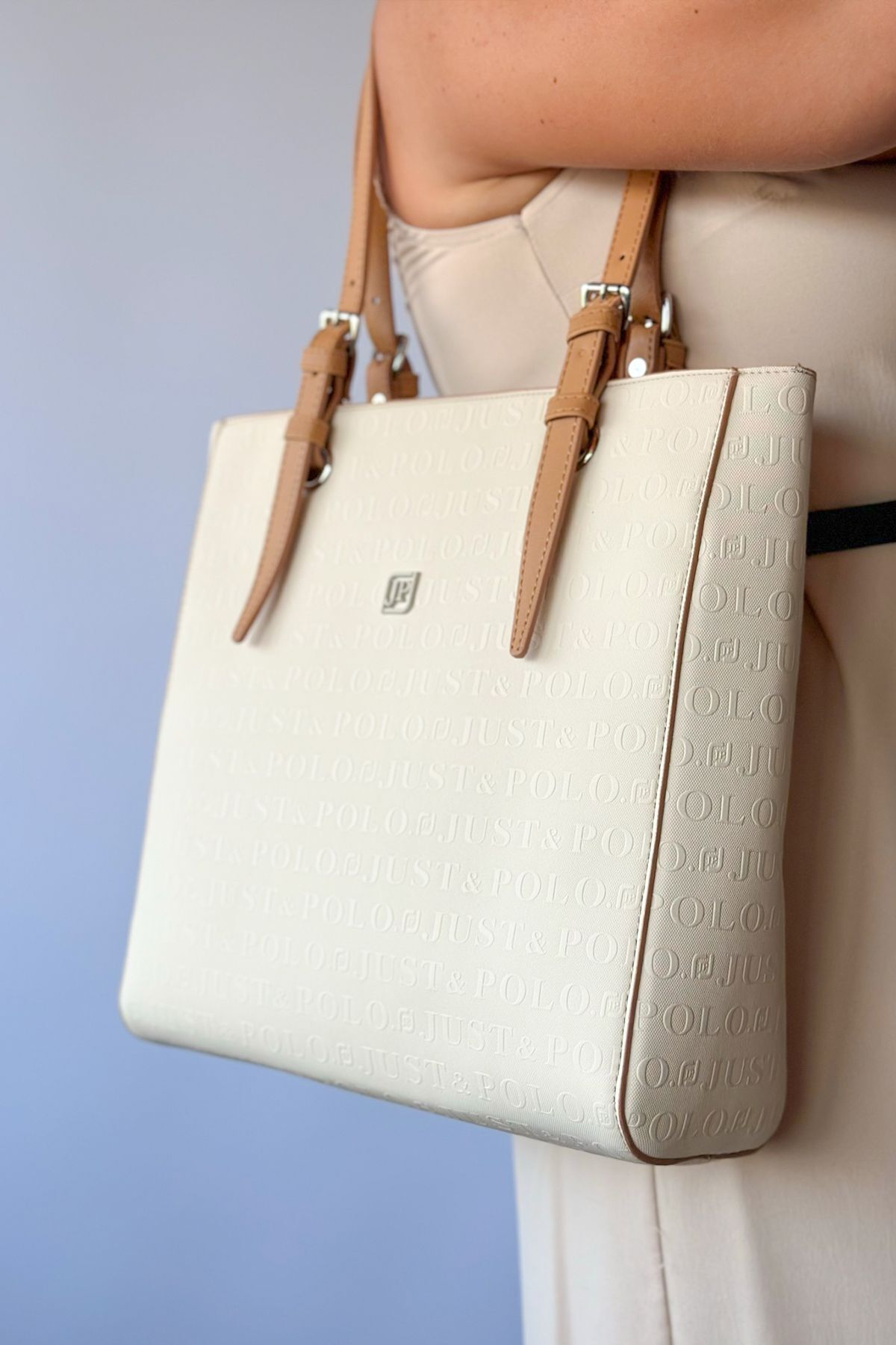 Just Polo Büyük Boy Tote Bag Kadın Omuz Çantası - Krem/Taba