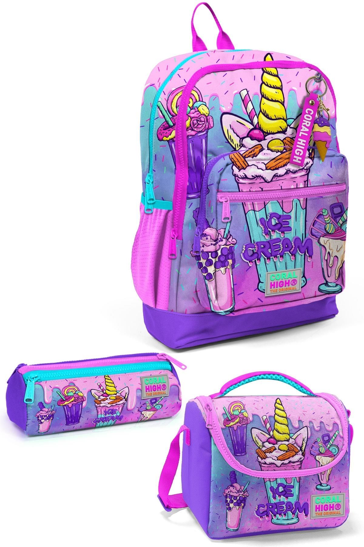 Yaygan-Coral High Kids 3-piece School Bag - Pink, Purple, Milkshake Ice Cream Patterned Set 0123749 1