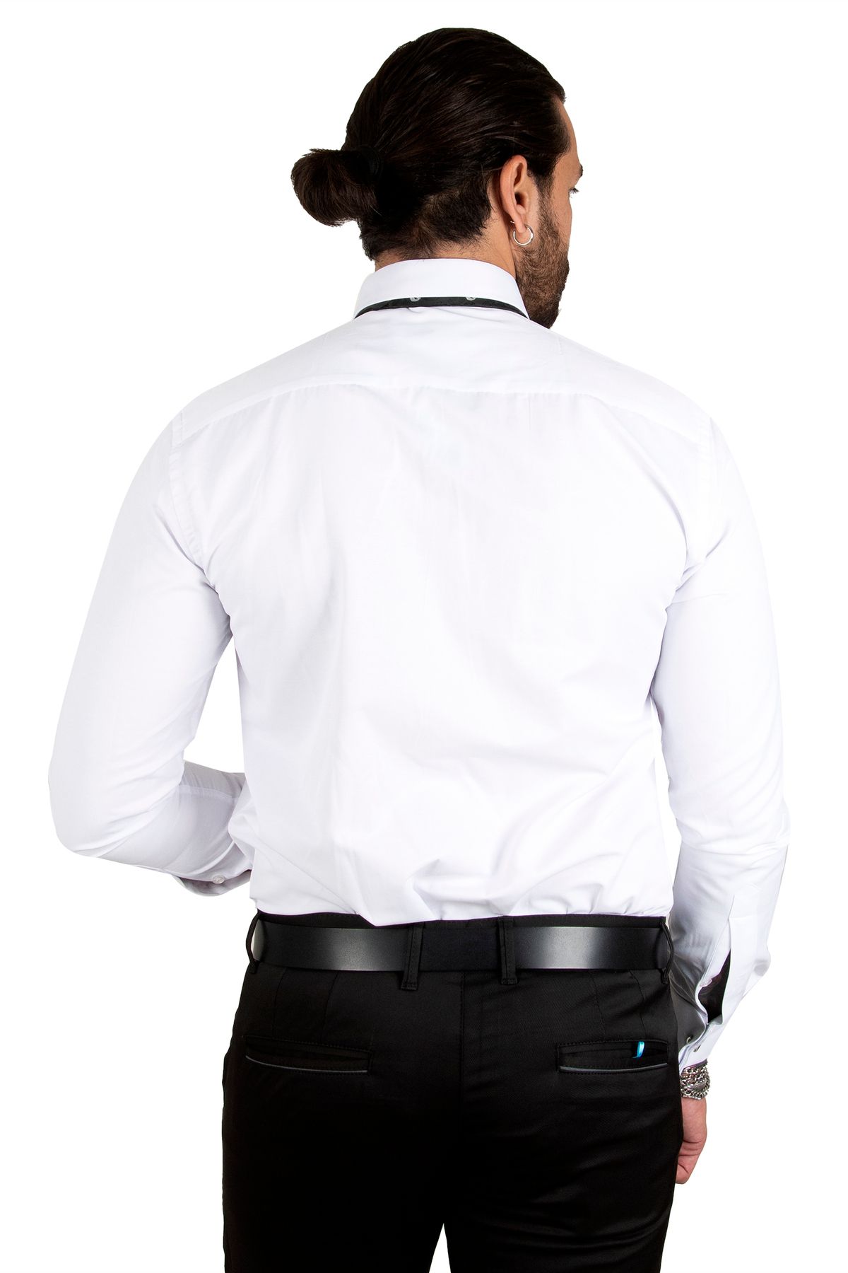 DeepSEA-Men's White Stand Collar Slim Fit Cut Cotton Satin Shirt2209615 6