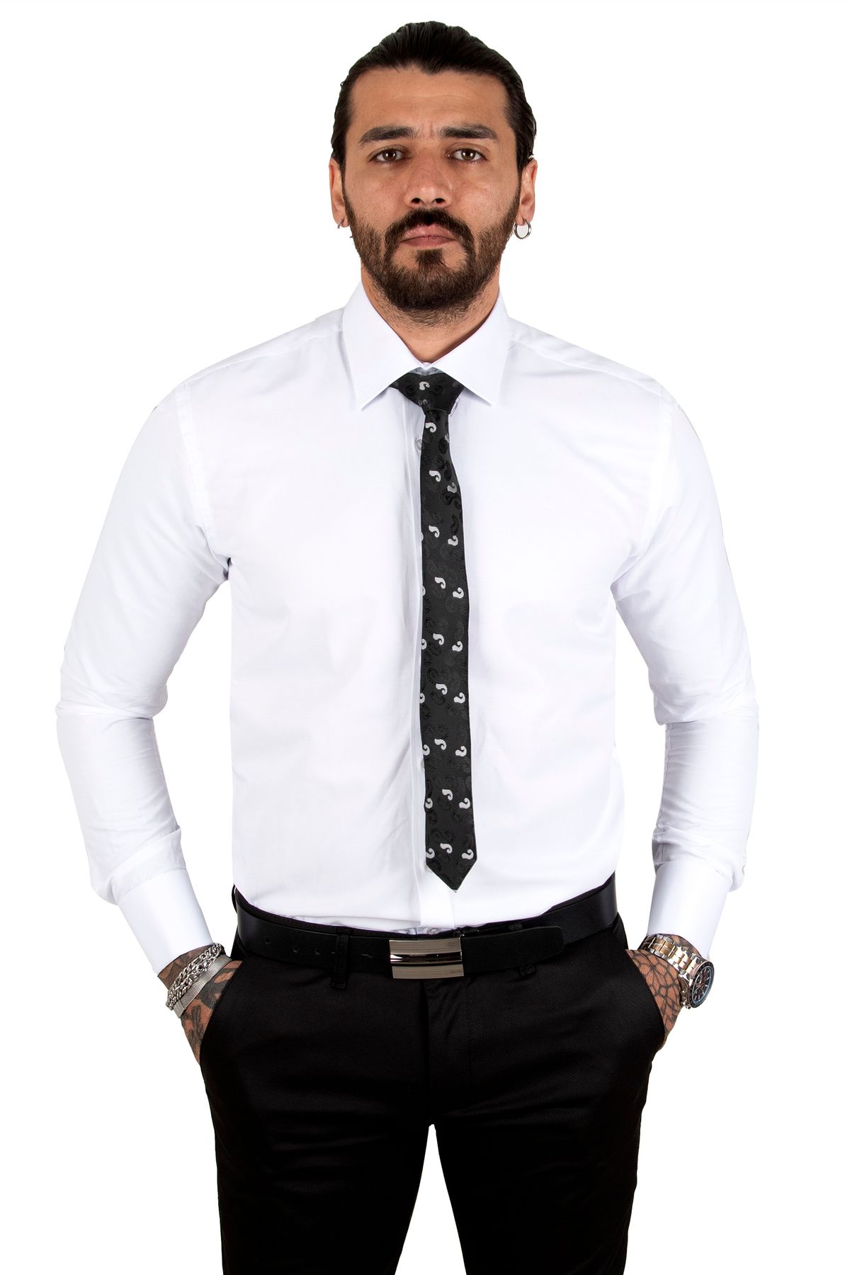 DeepSEA-Men's White Stand Collar Slim Fit Cut Cotton Satin Shirt2209615 4